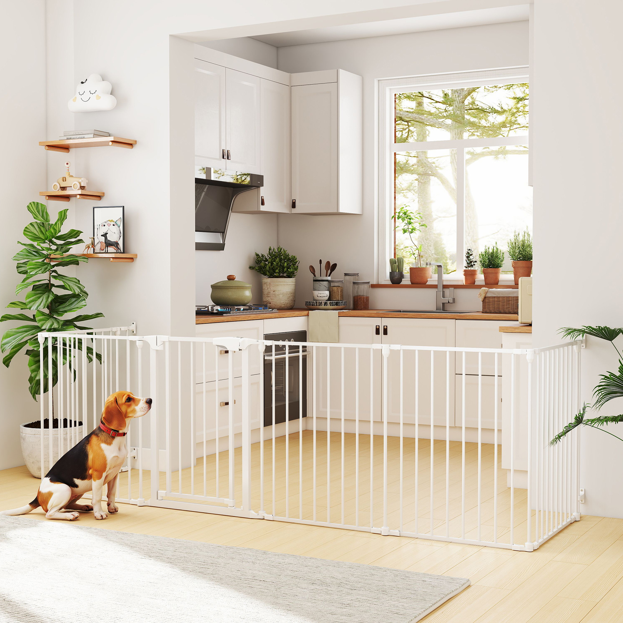Haustierzaun, 6-Panel-Barriere mit Tür, faltbar, für kleine & mittelgroße Hunde, Kunststoff, Kohlenstoffstahl, Weiß