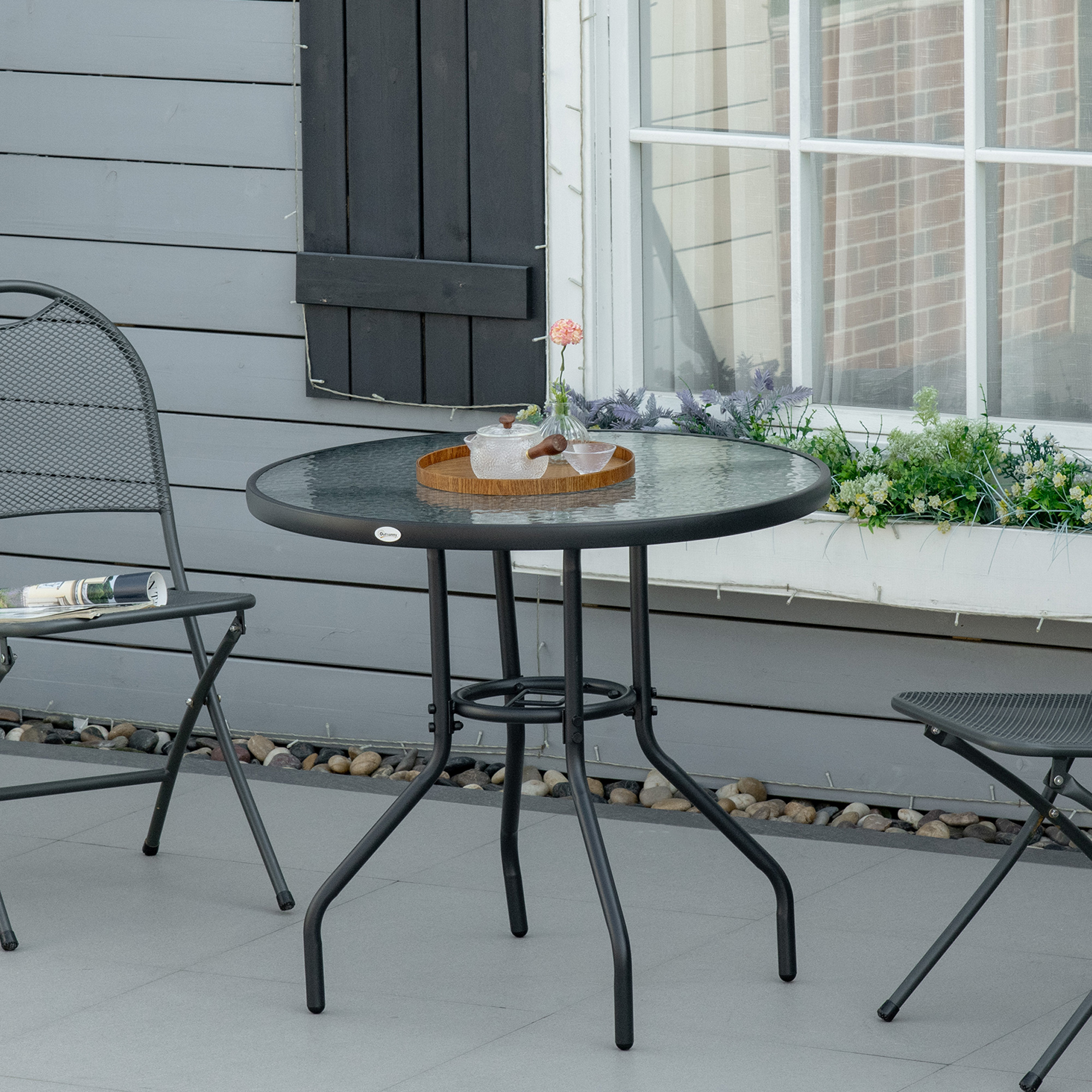Gartentisch Garten Beistelltisch Gartenmöbel Balkontisch Bistrotisch mit Schirmloch Hartglas + Metall Schwarz Ø80 x 72 cm