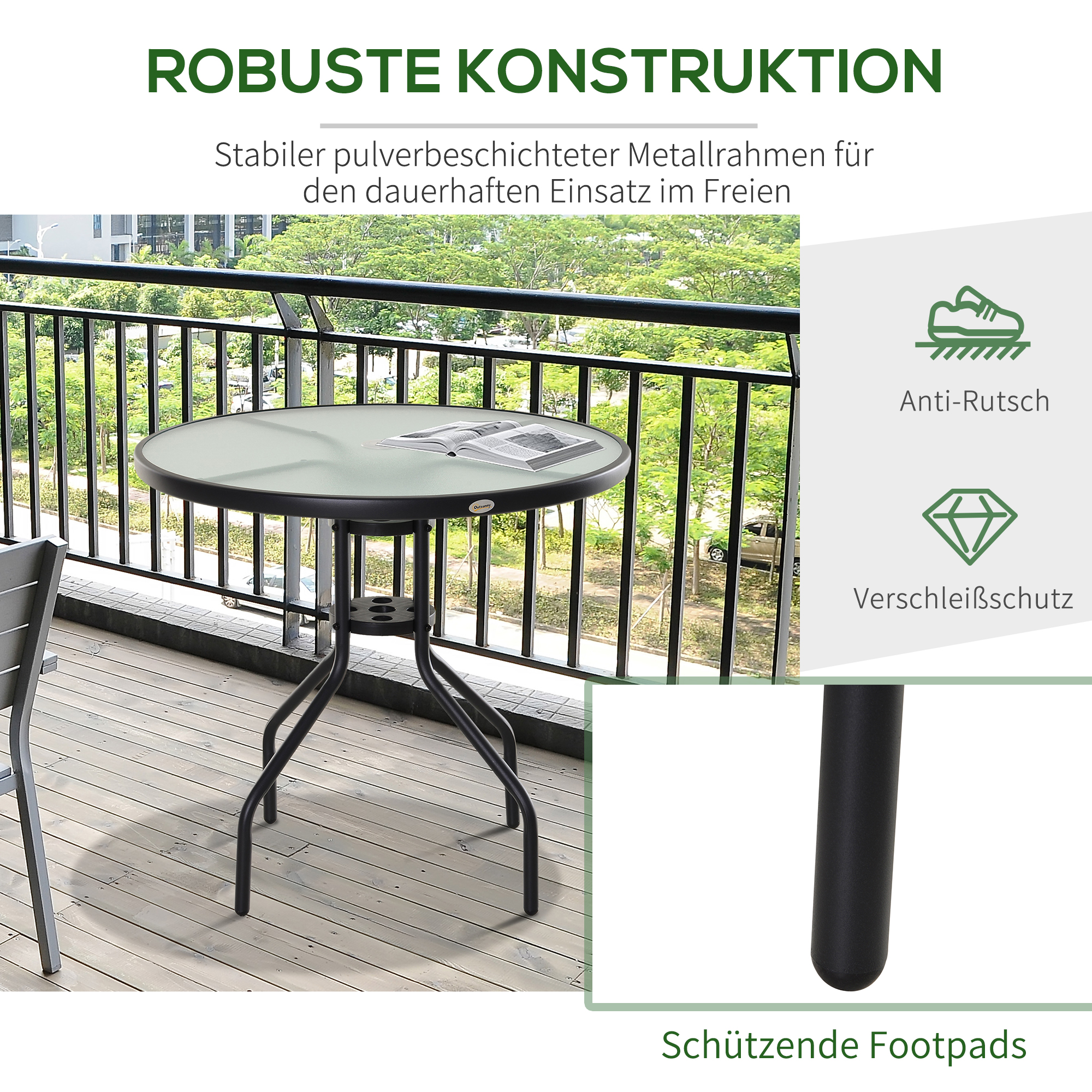 Gartentisch Balkontisch Garten Beistelltisch Bistrotisch Gartenmöbel mit Schirmloch Hartglas + Metall Schwarz Ø80 x 72 cm