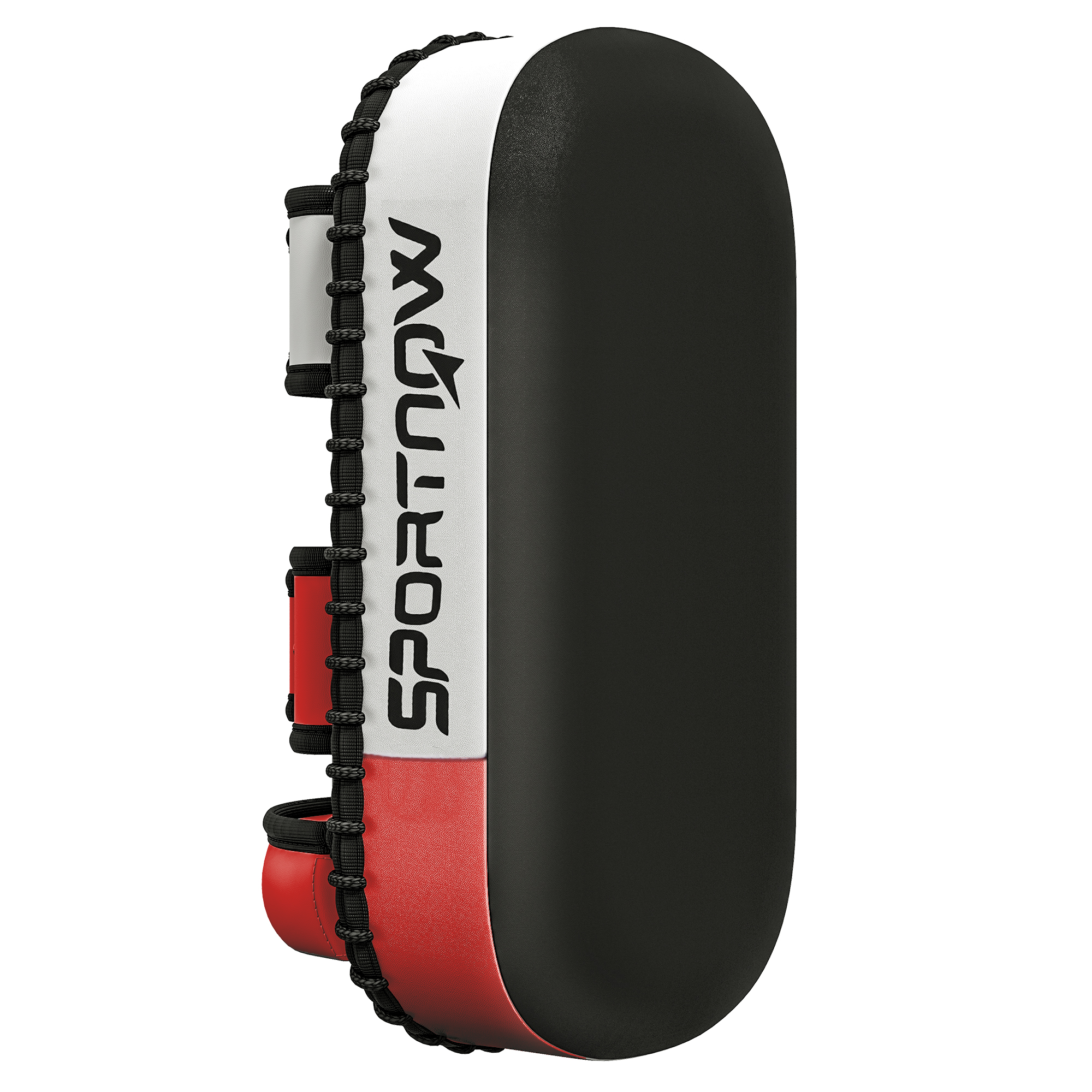 Kickpolster fürMuay Thai, Kickboxen, Kunstlederbezug, 0,4 kg, 38x20x18 cm, Schwarz/Rot/Weiß Kickpolster fürMuay Thai, Kickboxen, Kunstlederbezug, 0,4 kg, 38x20x18 cm, Schwarz/Rot/Weiß