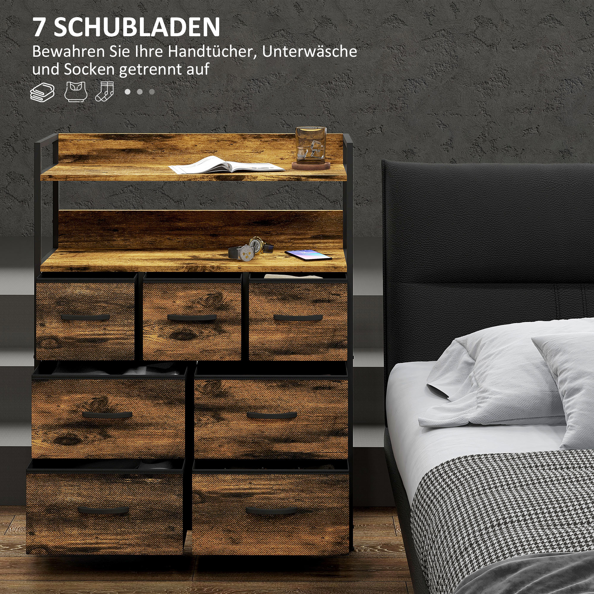 Stoff-Kommode, 7 faltbare Schubladen, 2 Regale, Stahlrahmen, Braun
