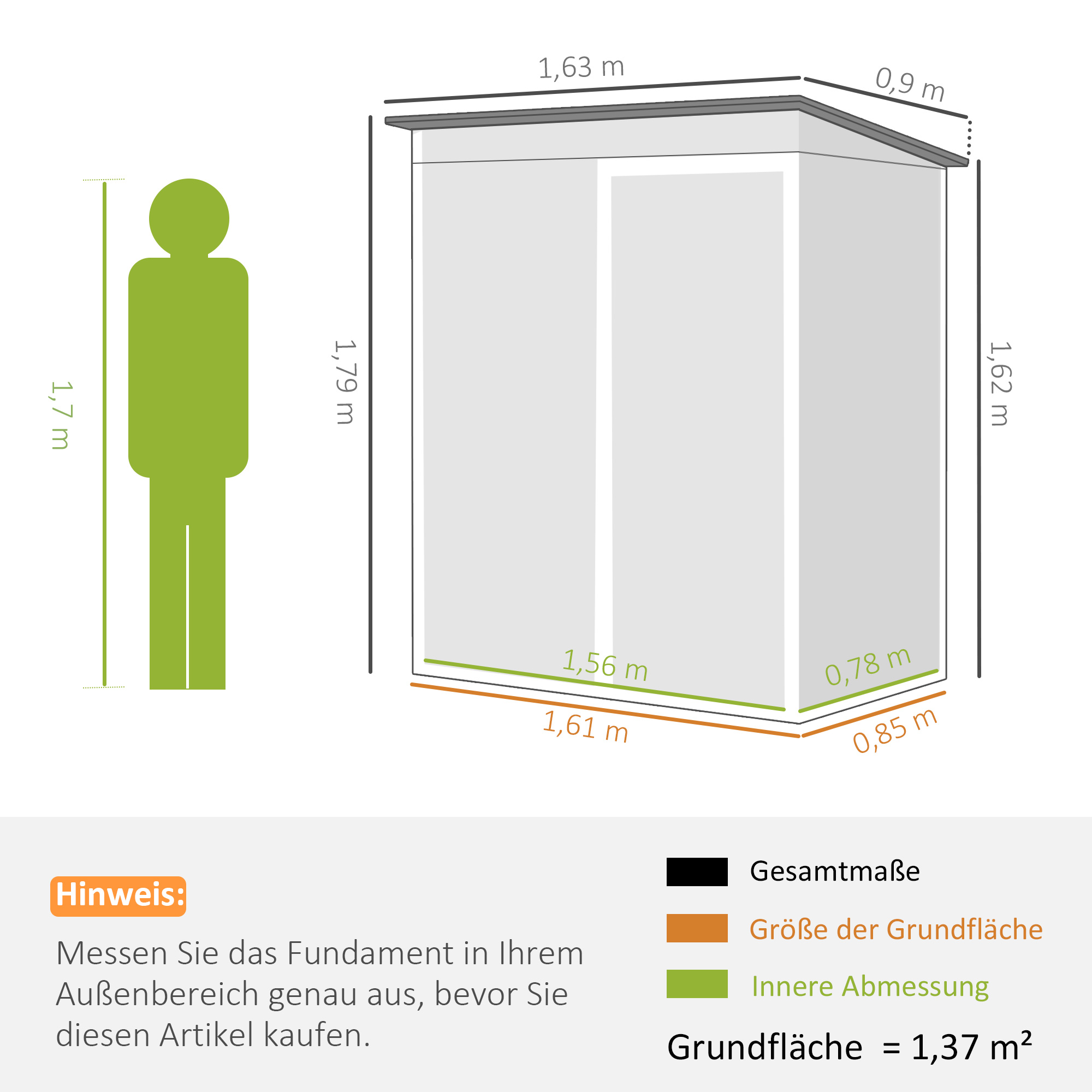 Metall Gerätehaus 1,37 m², abschließbar Geräteschuppen mit Lüftung Pultdach Handschuhen, 163 x 90 x 179 cm