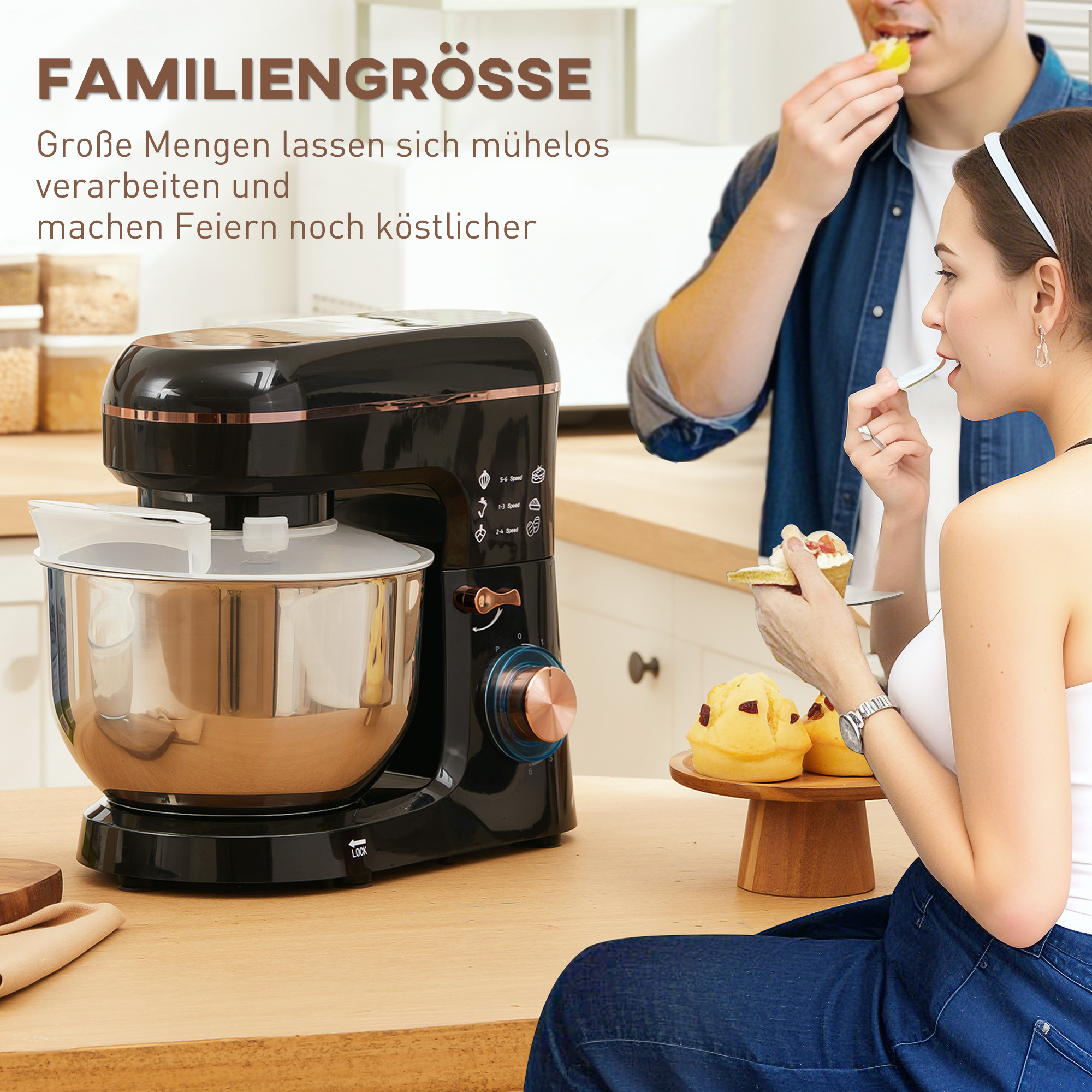 Standmixer, Küchenmaschine, Rührgerät, 6 Stufen, 5,5L Edelstahlschüssel, Schwarz