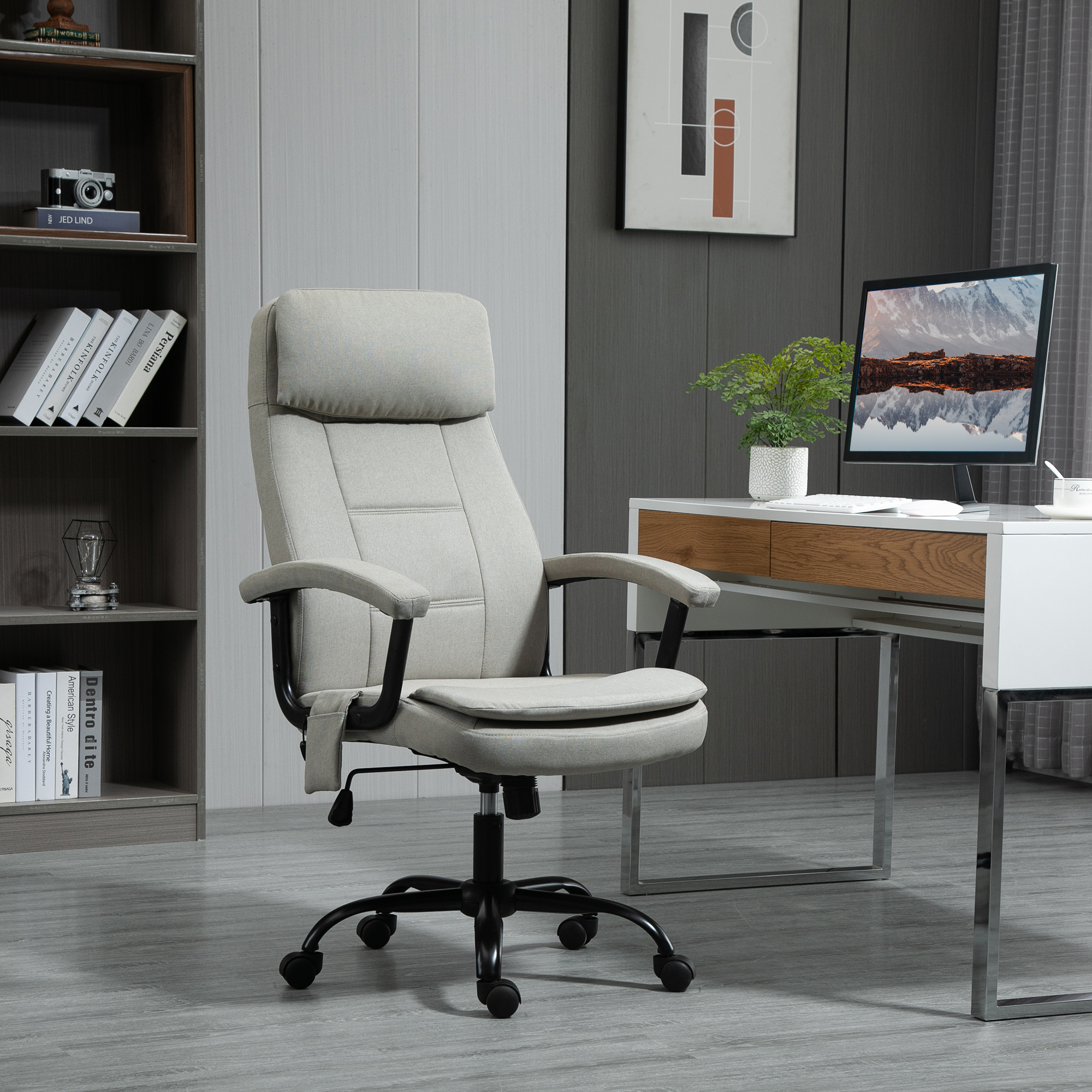 Bürostuhl Massage höhenverstellbarer Chefsessel Gamingstuhl mit Massagefunktion, ergonomischer Drehstuhl Massage Sessel Lendenwirbelsäulenmassage Leinen-Gefühl Beige 63 x 70 x 112-121 cm