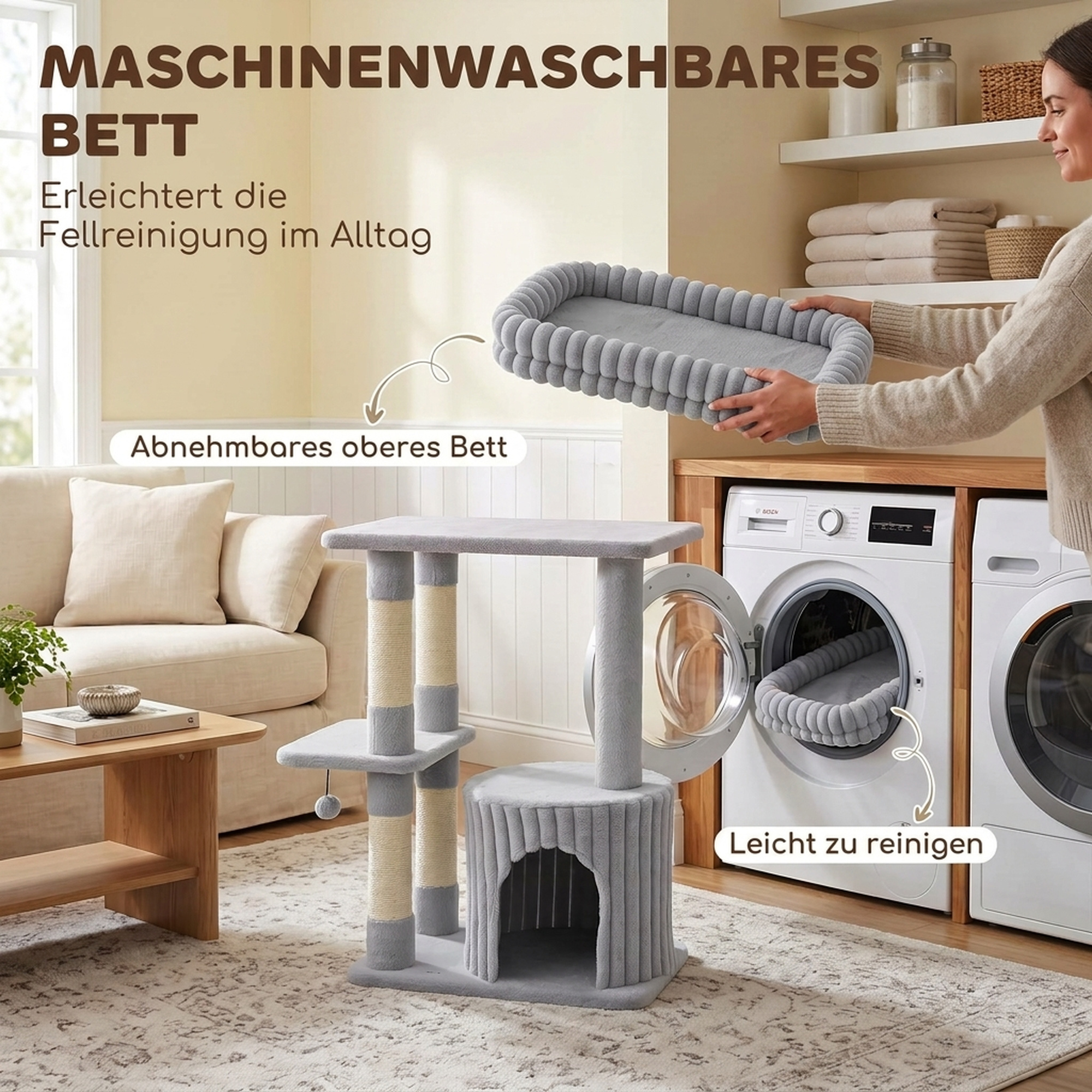 Katzenbaum, 93 cm 3 stufiger Kratzbaum mit Sisal-Kratzstämmen, Kuschelhöhle, großer Liegefläche, Plattform, bis 6 kg