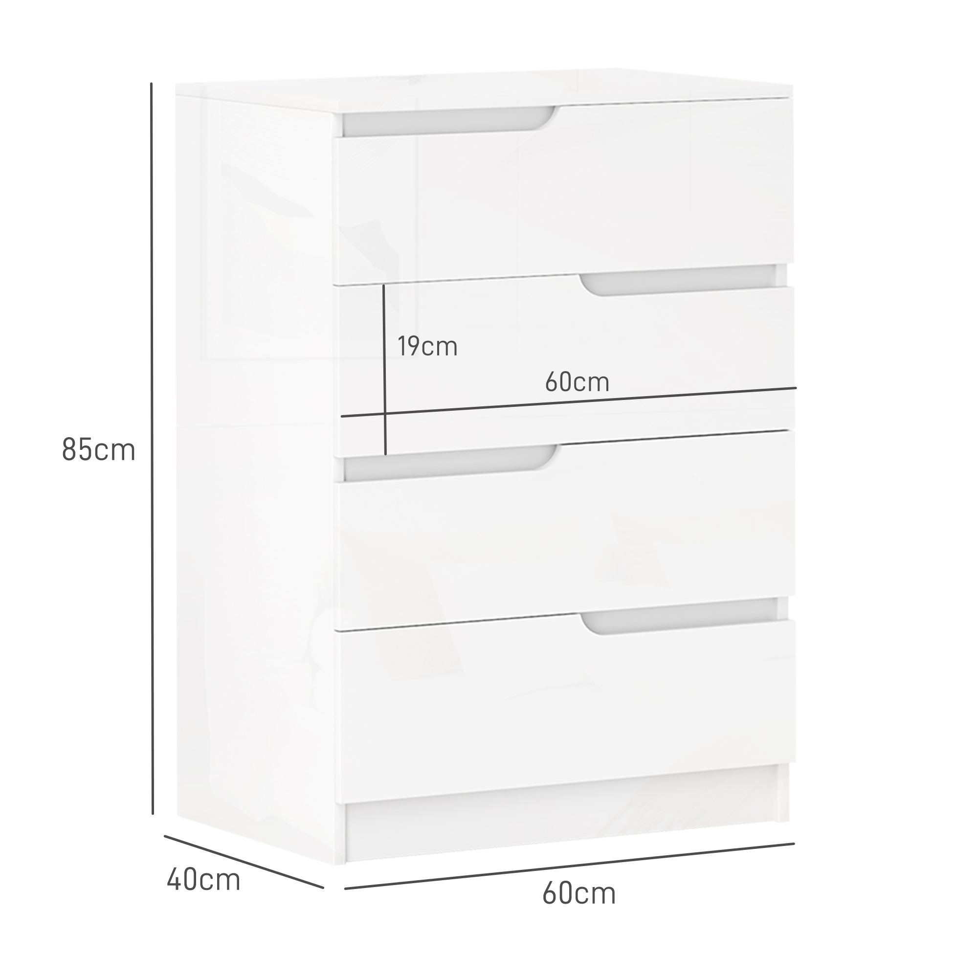 Moderne Kommode, Kleiderschrank, 4 Schubladen, Holz, Kippschutz, Fußpolster, Weiß