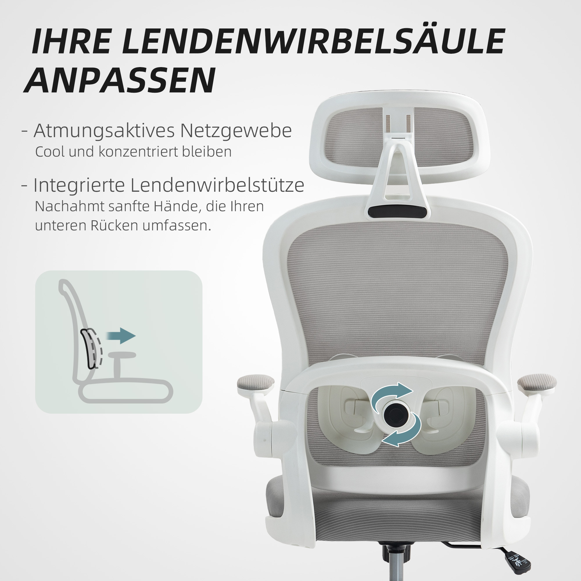 Ergonomischer Bürostuhl mit Netzstoff-Rückenlehne, höhenverstellbar, klappbare Armlehnen, 5 Rollen, Wippfunktion, Grau