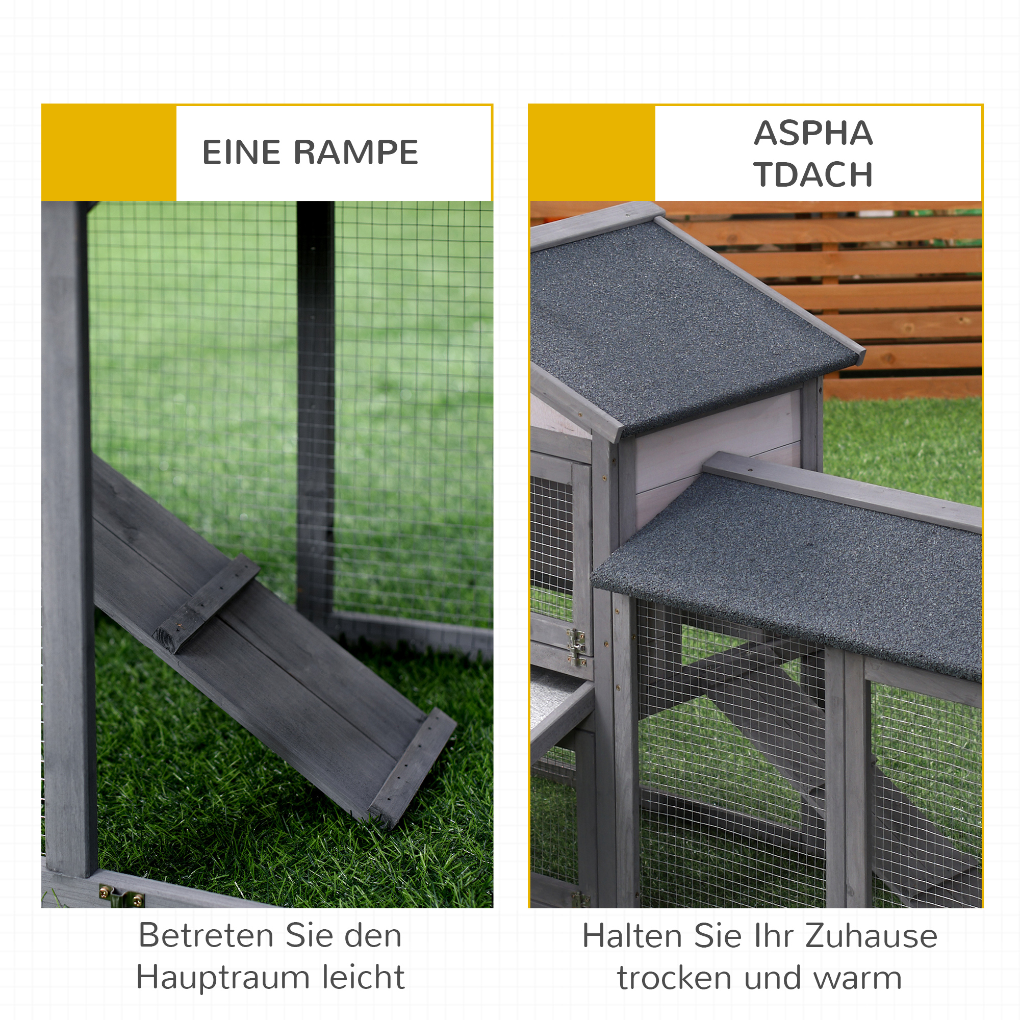 Hasenstall Kaninchenstall aus Holz 147 x 54 x 84 cm Kaninchenkäfig mit wetterfest Bitumendach, Freilaufgehege, Rampe, abschließbare Türen, Hasenkäfig für Zwergkaninchen Outdoor Dunkelgrau