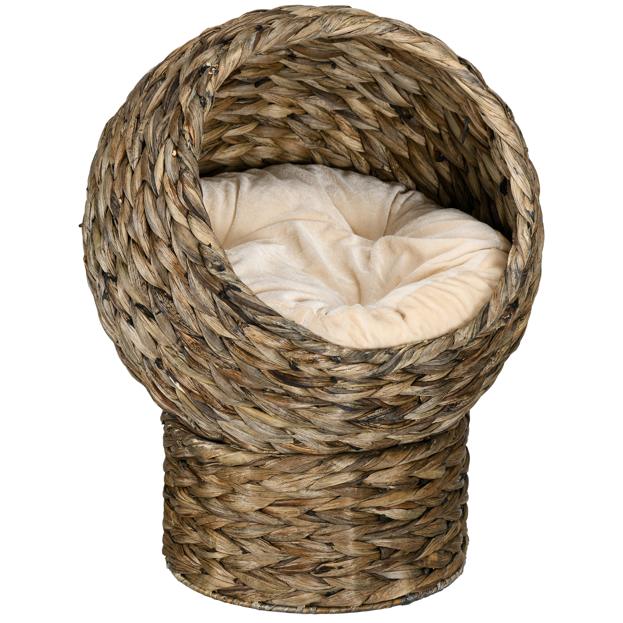 Rattan Katzenkorb Katzenhöhle Katzenhütte Katzenbett mit Kissen Haustierbett Wasserhyazinthe Kaffee 40 x 37 x 51 cm