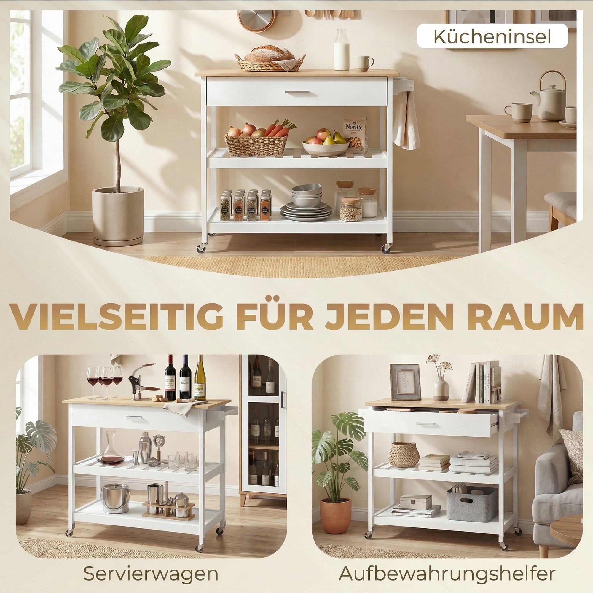 Küchenwagen mit Stauraum, Rollende Kücheninsel mit großer Arbeitsplatte, Schublade, 2 offenen Regalen, Handtuchhalter, Weiß
