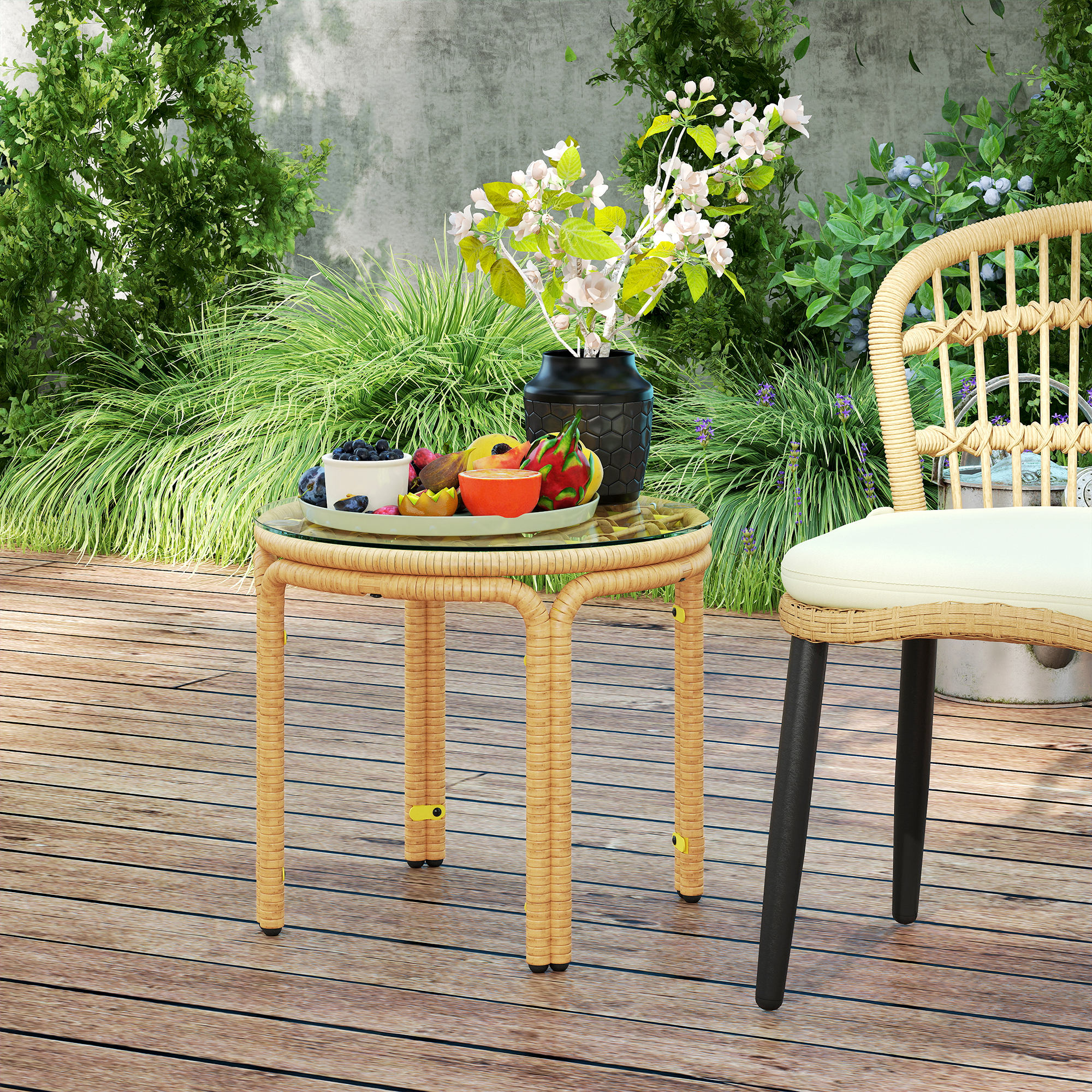 Beistelltisch aus Polyrattan runder Couchtisch mit Glas Tischplatte Nachttisch Ø50 cm Gelb