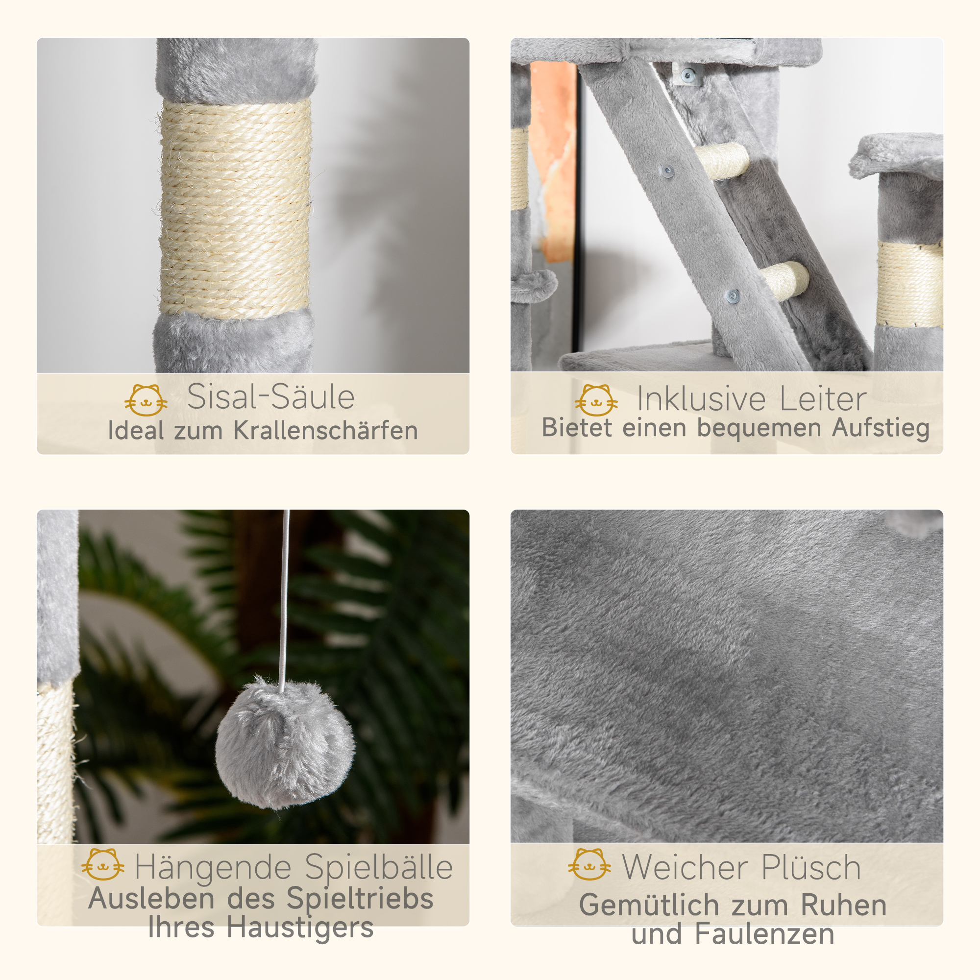 Katzenkratzbaum 240-260 cm Deckenhoch Kratzbaum groß Kletterbaum Katze Kratzbaum für große Katzen mit Sisalseil Hellgrau