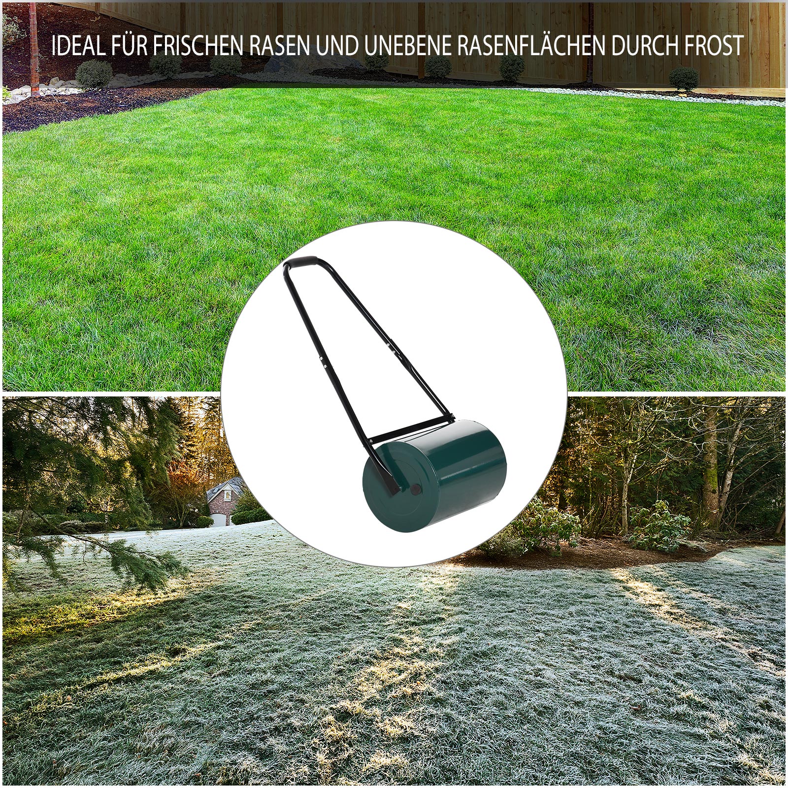 Rasenwalze Gartenrolle Gartenwalze mit U-Griff 31 cm Durchmesser 30 cm Arbeitsbreit 40 L Wasser-/Sandfüllunge Metall Grün