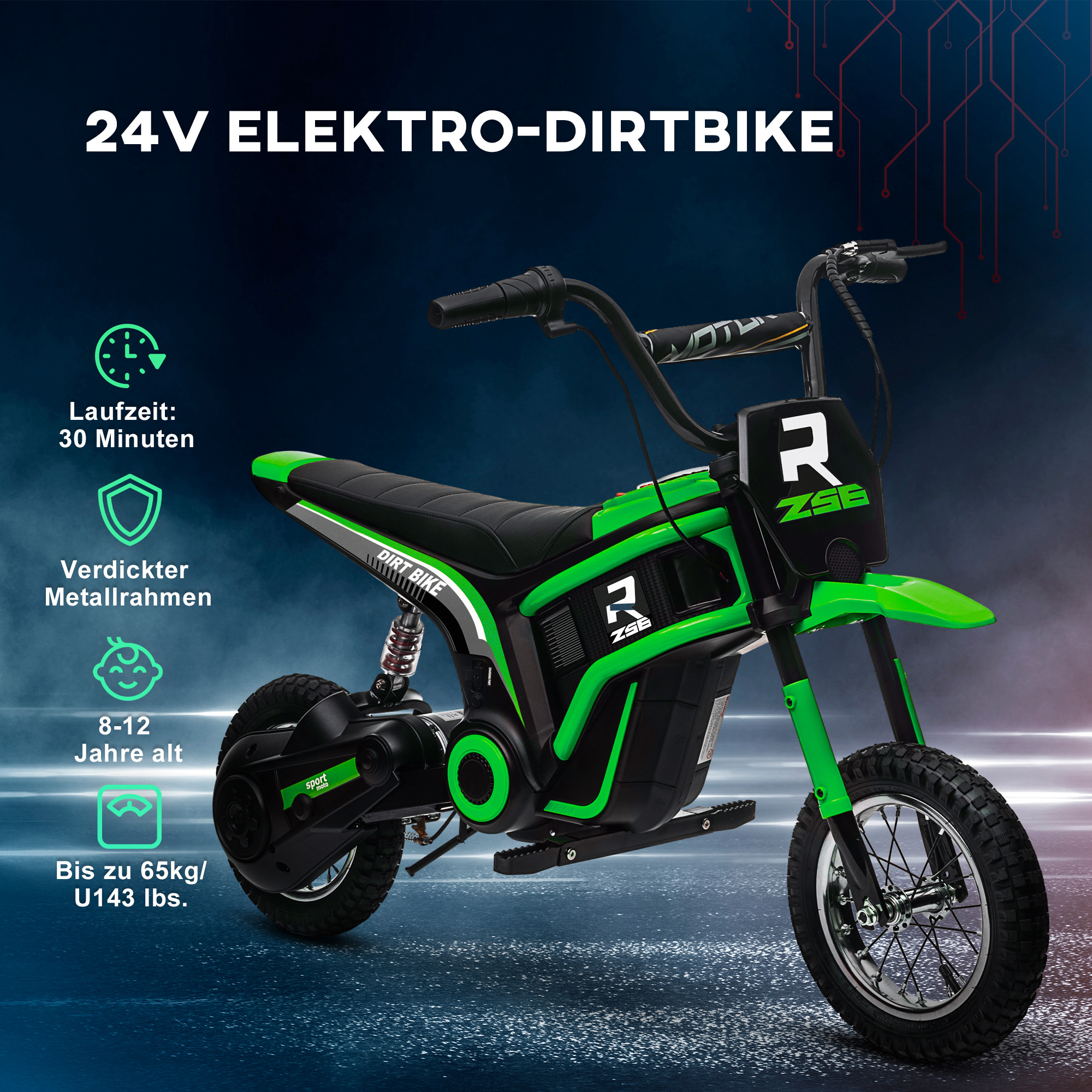 Elektro-Kindermotorrad, 24V Motor, einstellbare Geschwindigkeit, Musik & Lichter, Grün