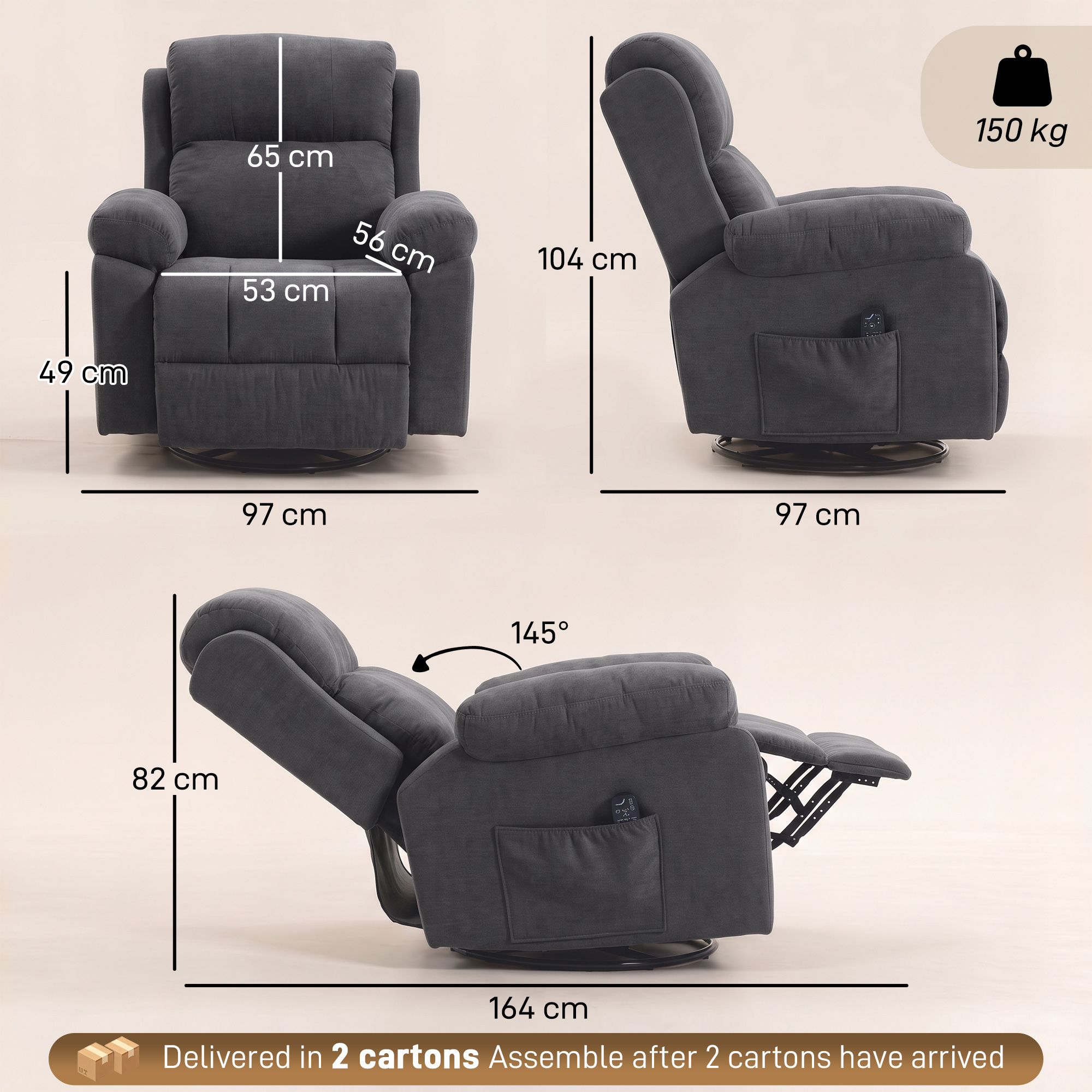 Relaxsessel Fernsehsessel 360° Drehbarer Massagesessel mit Wärme, Massage, Chenille-Optik, Dunkelgrau