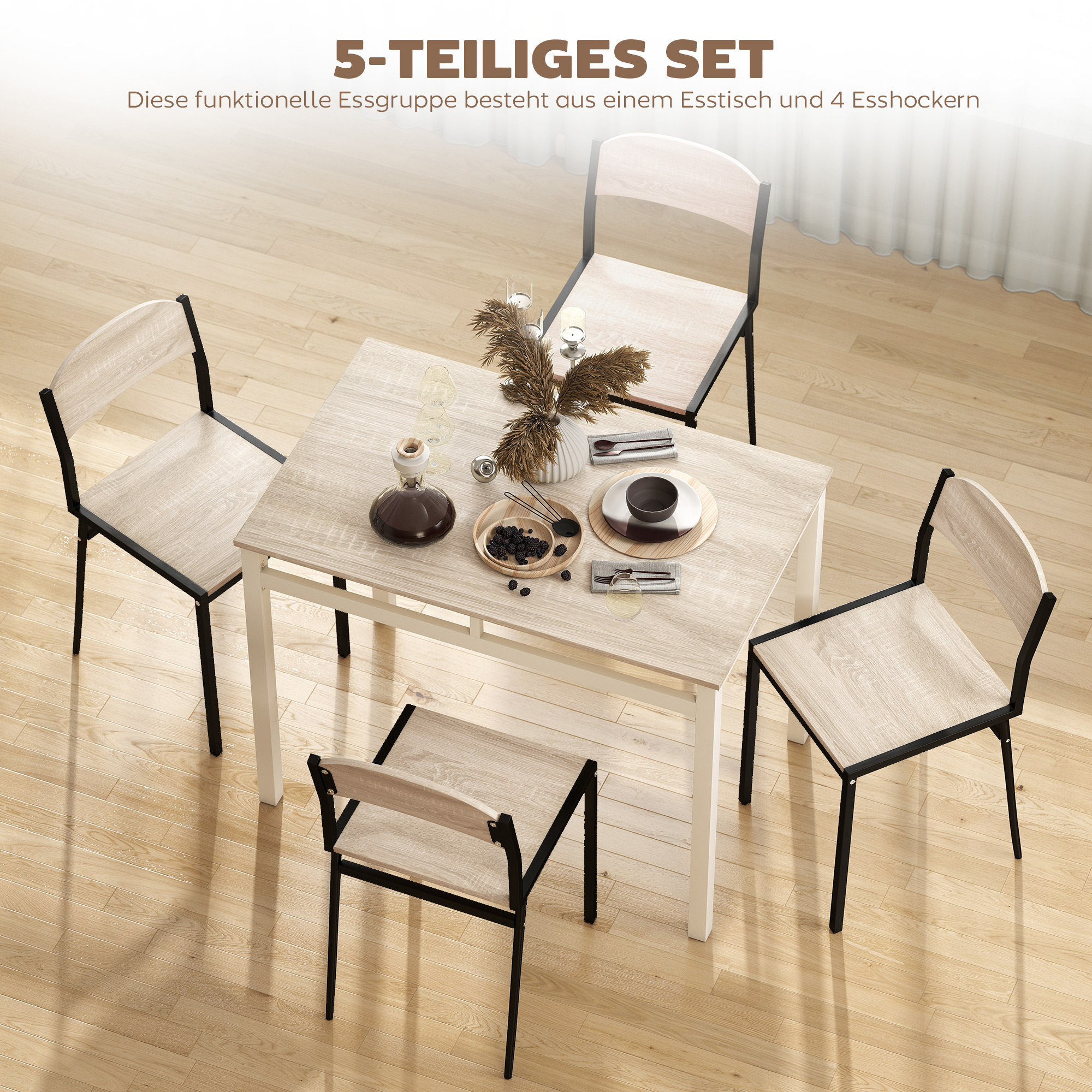 5-teilige Essgruppe, Esstisch mit 4 Stühlen, platzsparendes Küchentisch-Set, Sitzgruppe für Esszimmer, Küche, Schwarz