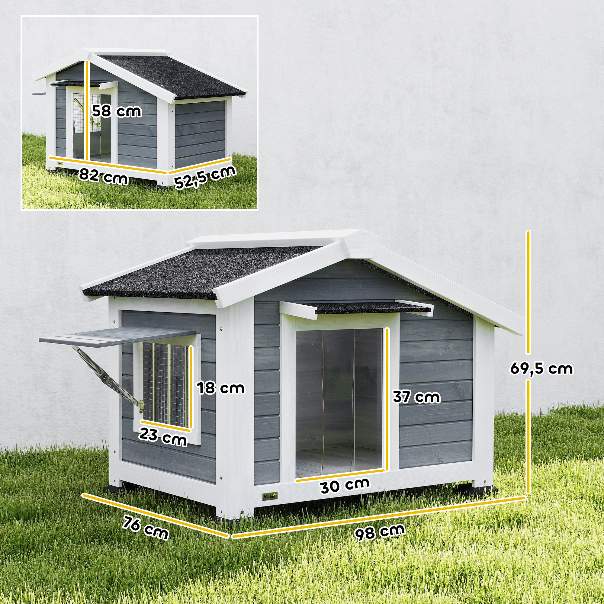 Hundehütte wetterfestes Hundehaus aus Holz mit herausnehmbarem Boden Asphaltdach öffnendem Fenster 98x76x69,5 cm Grau
