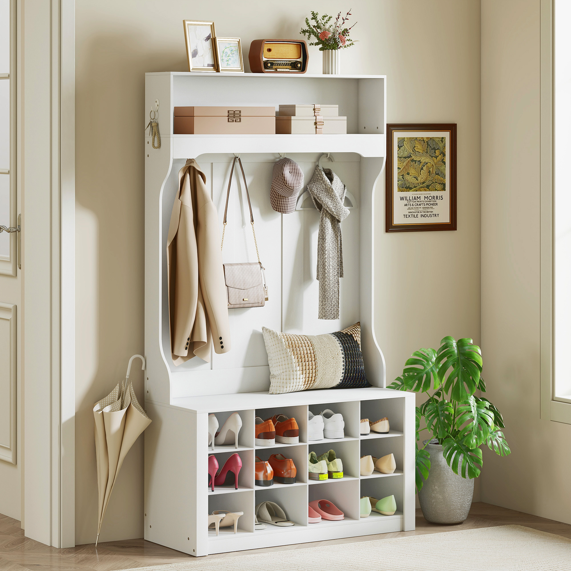 Garderobe mit Regal, Bank, Haken, Schuhfächern, Spanplatten, MDF, Weiß