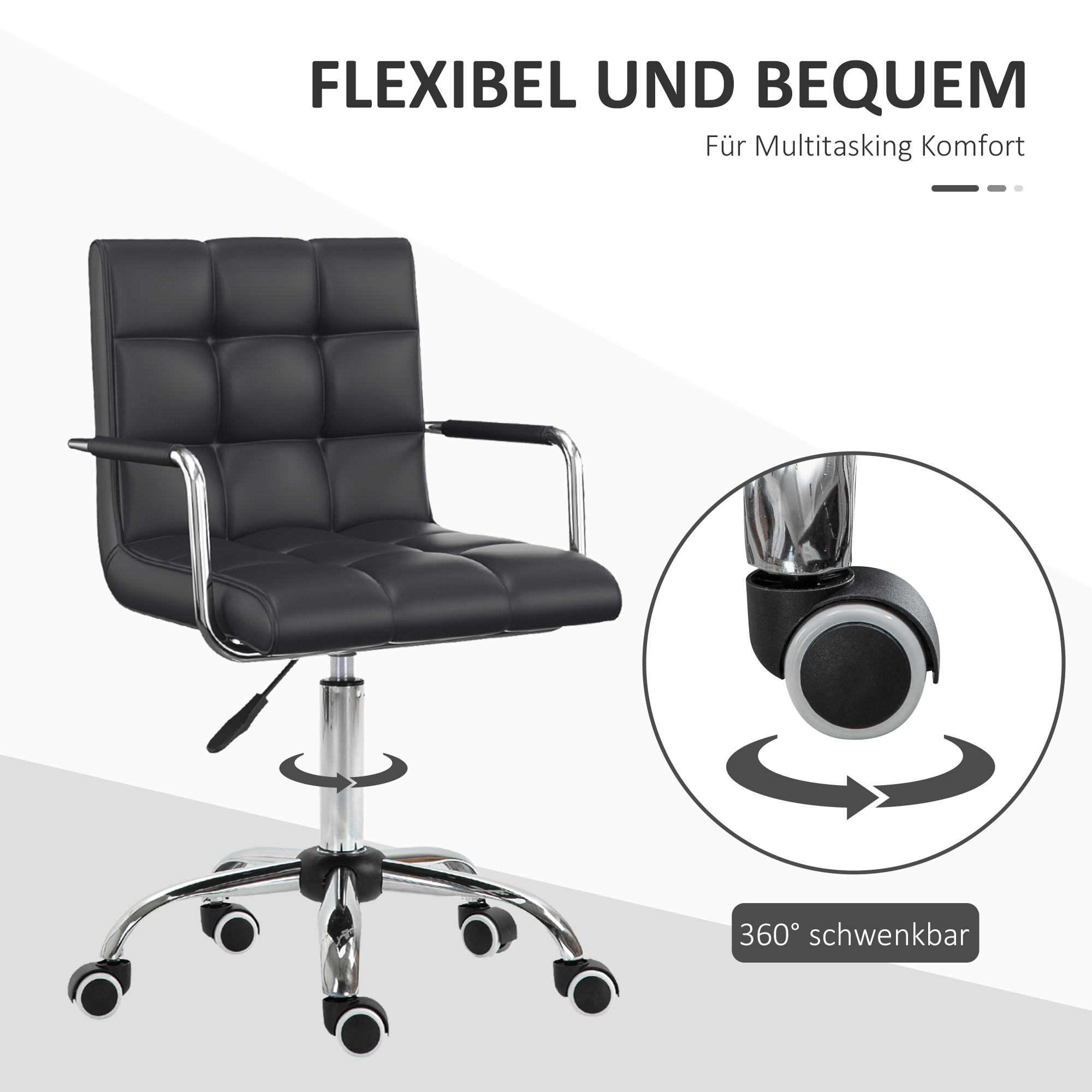 Bürostuhl im Retrodesign, höhenverstellbar, 5 Rollen, 52,5 cm x 54 cm x 99 cm, Schwarz