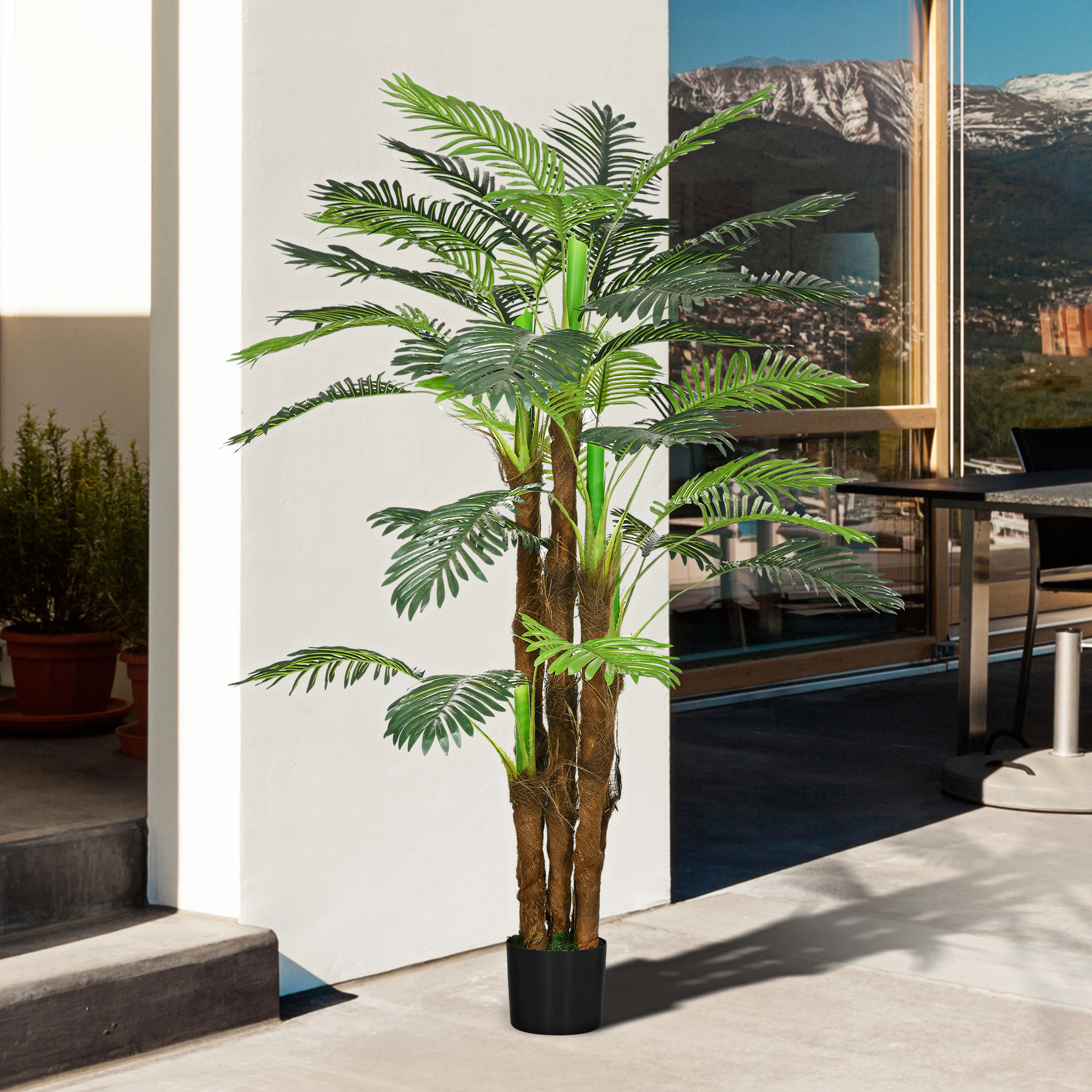 Künstliche Palme, 1,6 m, realistische Zweige, Dekorationspflanze, Kunststoff, mit Topf, Braun+Grün