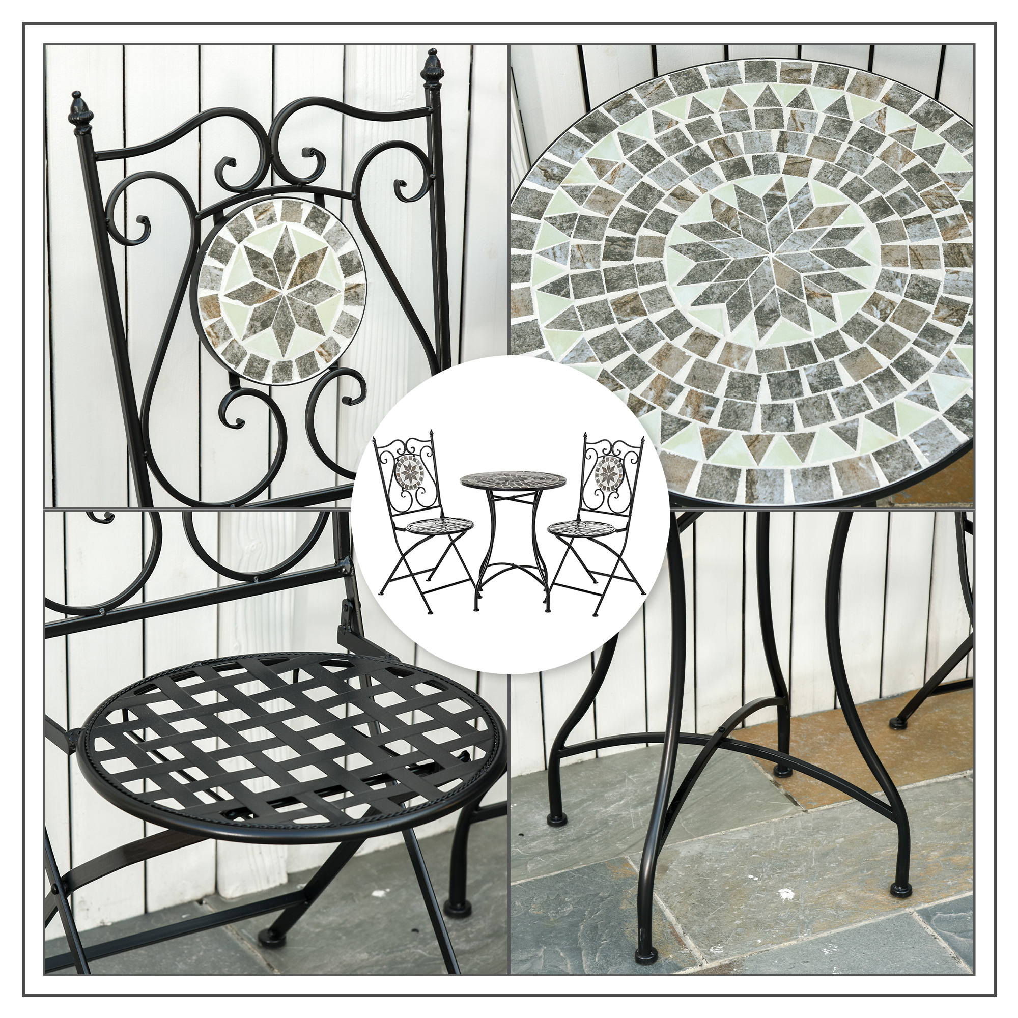 Garten Sitzgruppe für 2 Personen Balkonmöbel Set Mosaiktisch+faltbare Stühle Metall Keramikfliese Mehrfarbig