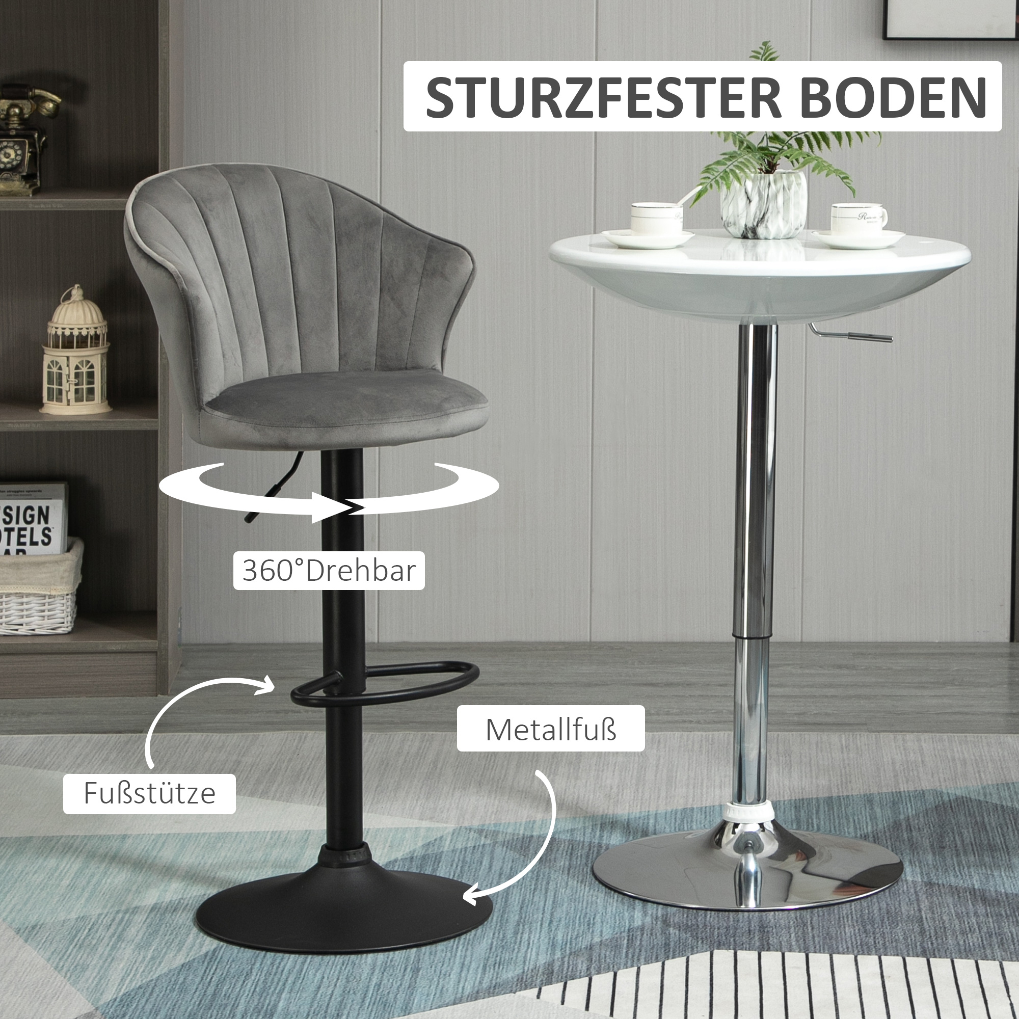 2er-Set Barhocker drehbare Barstühle mit Lehne Samt Touch Bistrohocker höhenverstellbarer Tresenhocker armloser Schaumstoff Grau 54 x 56 x 91-111 cm