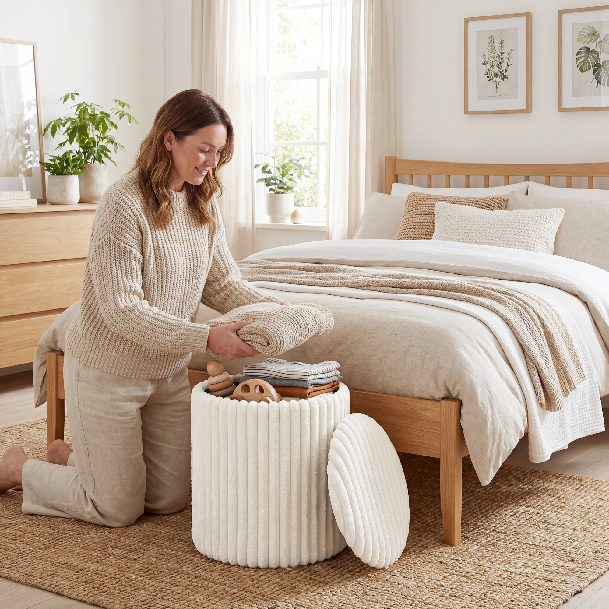 Aufbewahrungshocker mit Wendedeckel, Moderner Cord-Sitzhocker für Wohnzimmer und Schlafzimmer, Weiß