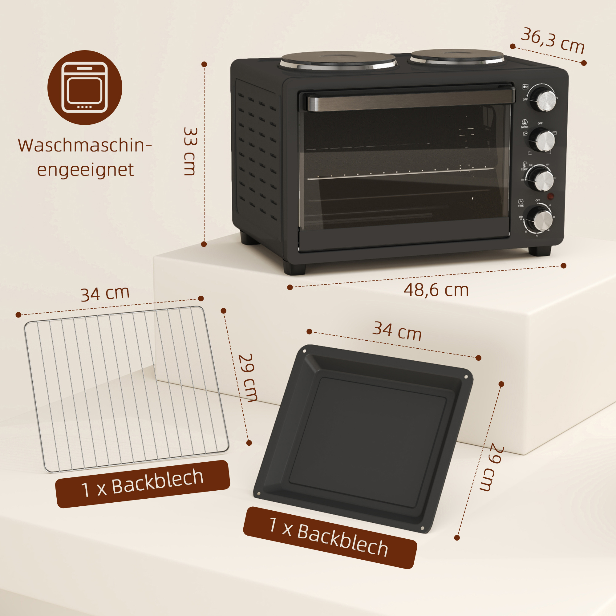 28 L Toasterofen, Kompakter Backofen zum Kochen und Grillen, Elektro-Ofen mit Backblech, Grillrost, 2600W, Schwarz