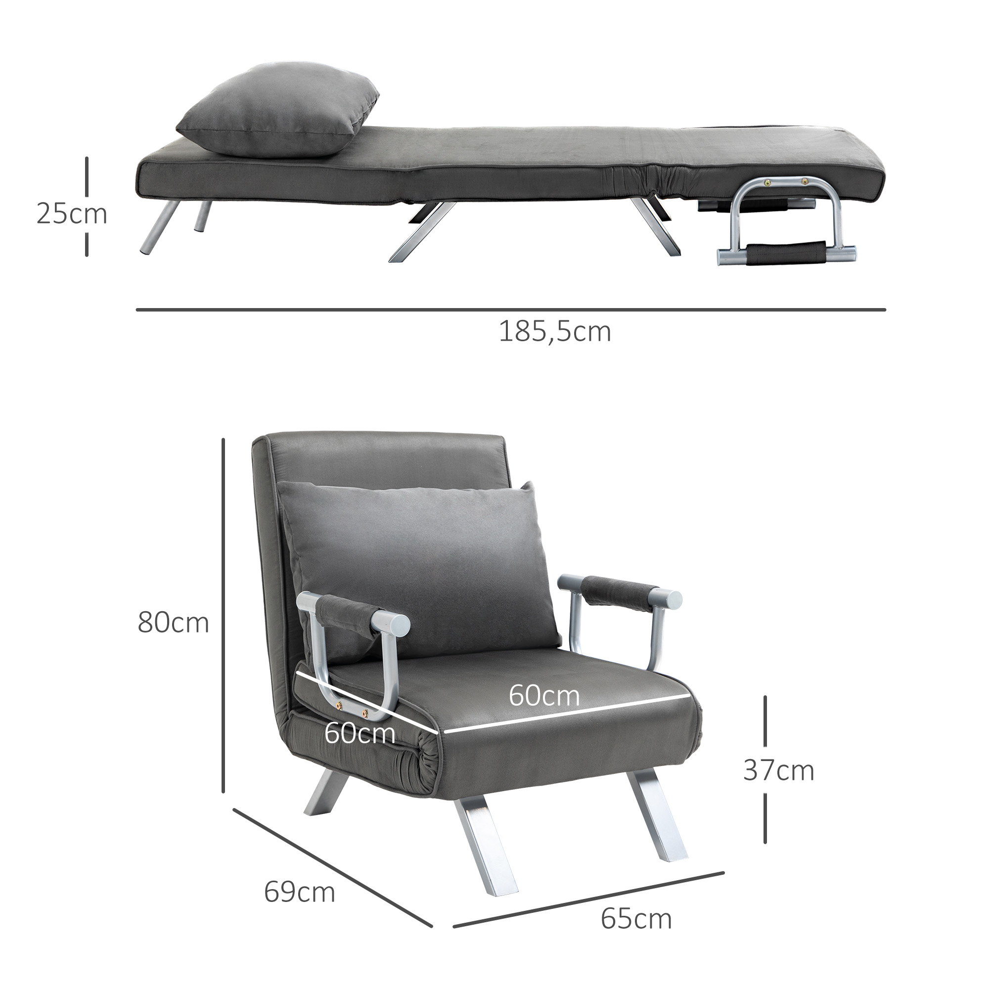 Relaxsessel Liegesessel Sessel, Liegefunktion, Gästebett, 65 cm x 69 cm x 80 cm, Grau