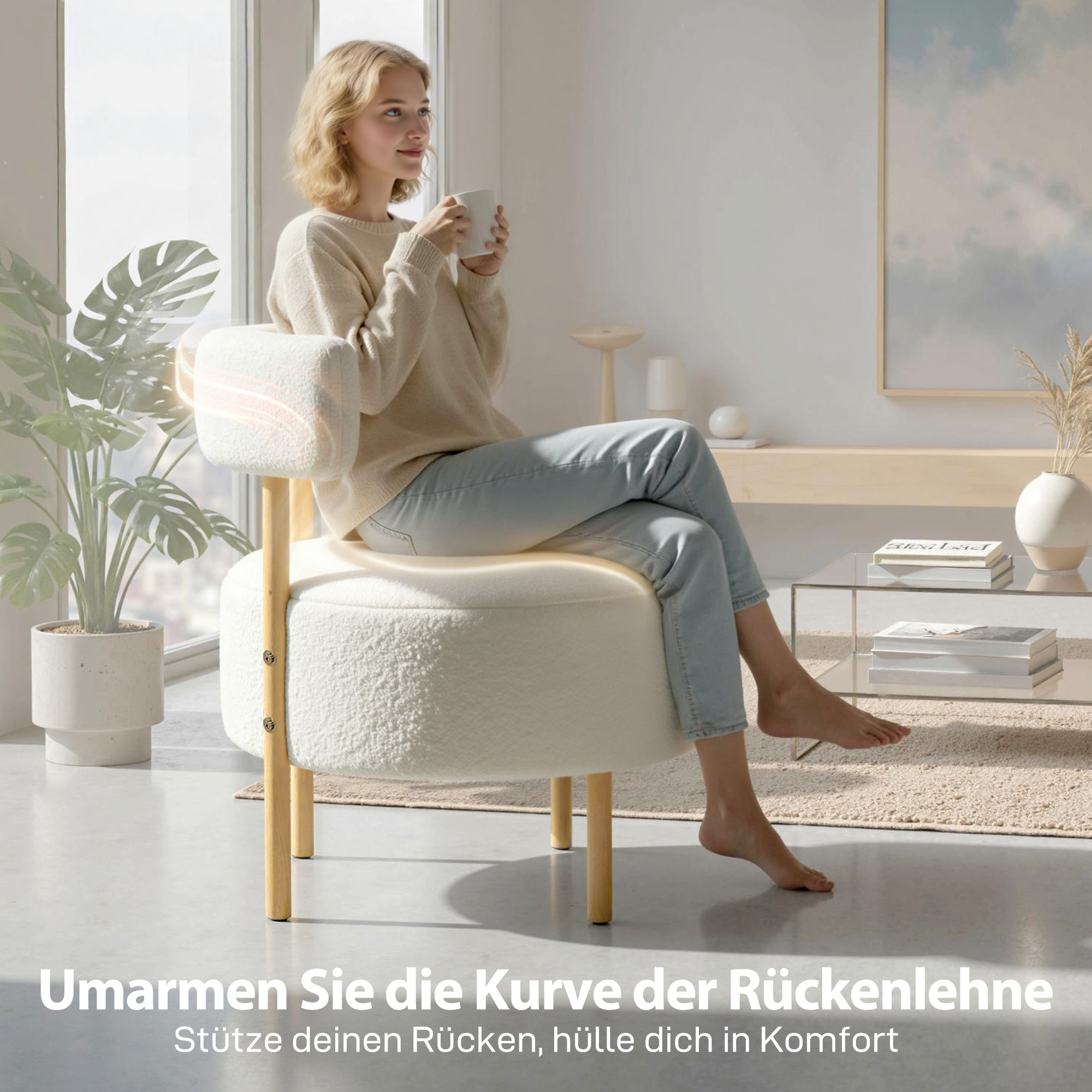 Sessel Loungesessel Relaxsessel mit Sherpa-Fleece, Metallbeinen in Holzoptik Polstersessel 67 x 67 x 71 cm Cremeweiß