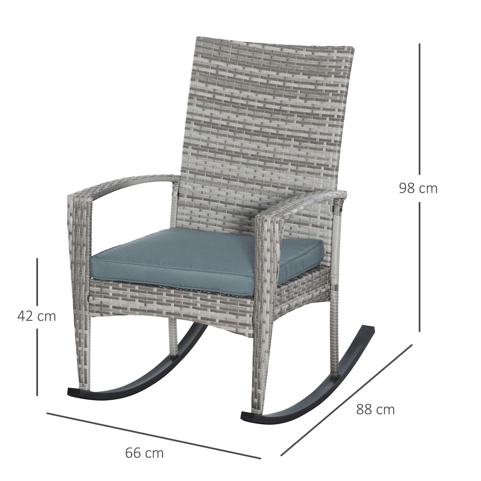 Schaukelstuhl Schwingsessel Gartenstuhl mit Kissen, Polyrattan+Metall, Grau, 66 x 88 x 98 cm