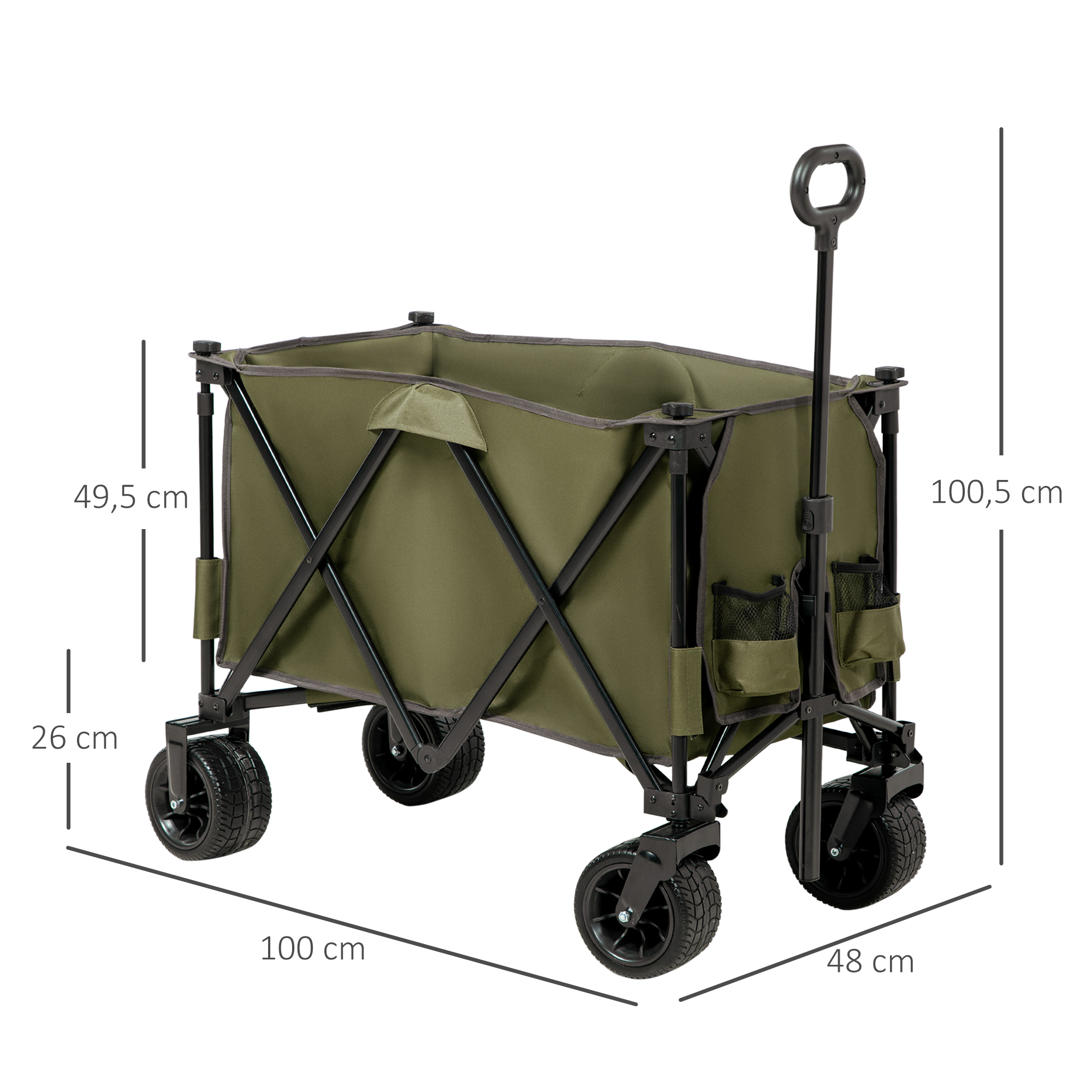 Bollerwagen, klappbar, 7 Seitentaschen, verstellbarer Griff, bis 120 kg, Stahl, grün, 100 x 48 x 100,5 cm