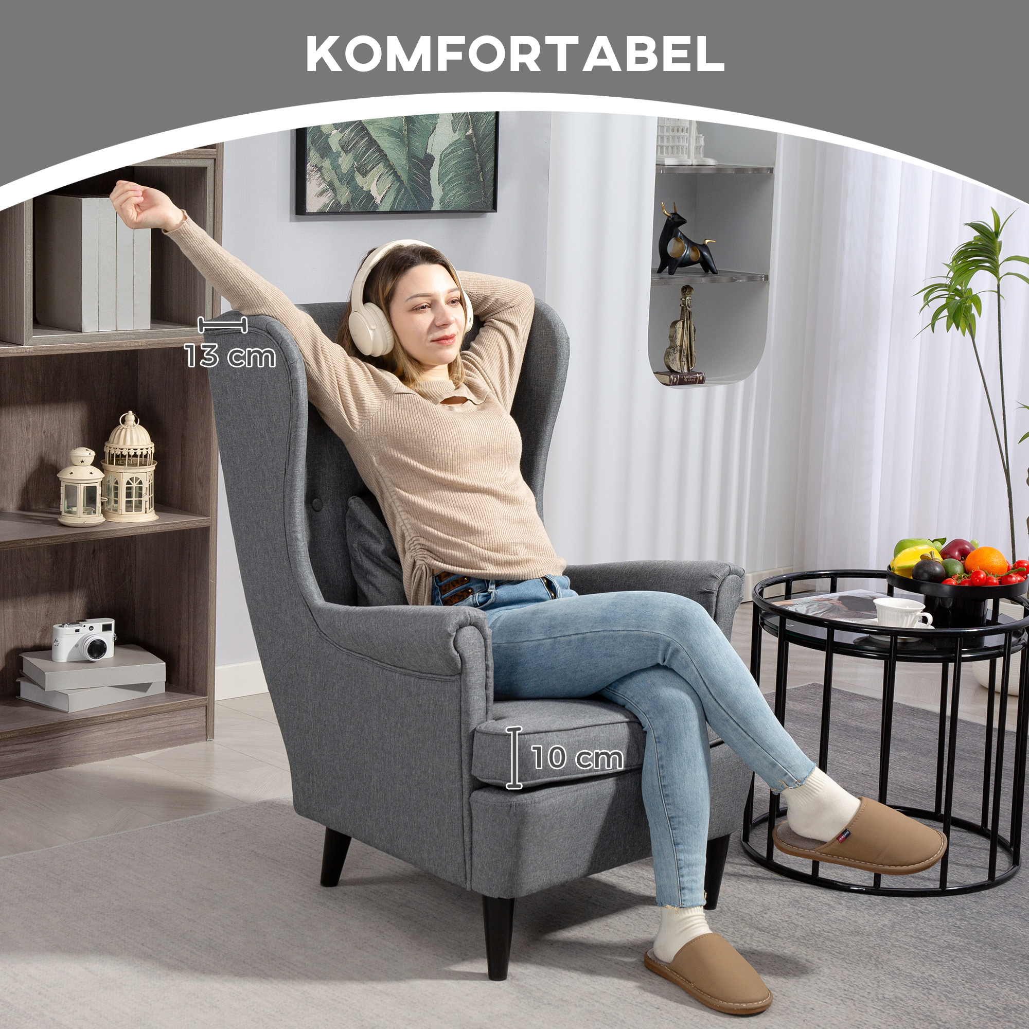 Ohrensessel mit Fußhocker, Polstersessel mit Kautschukholzbeinen, Stoffbezug, Grau