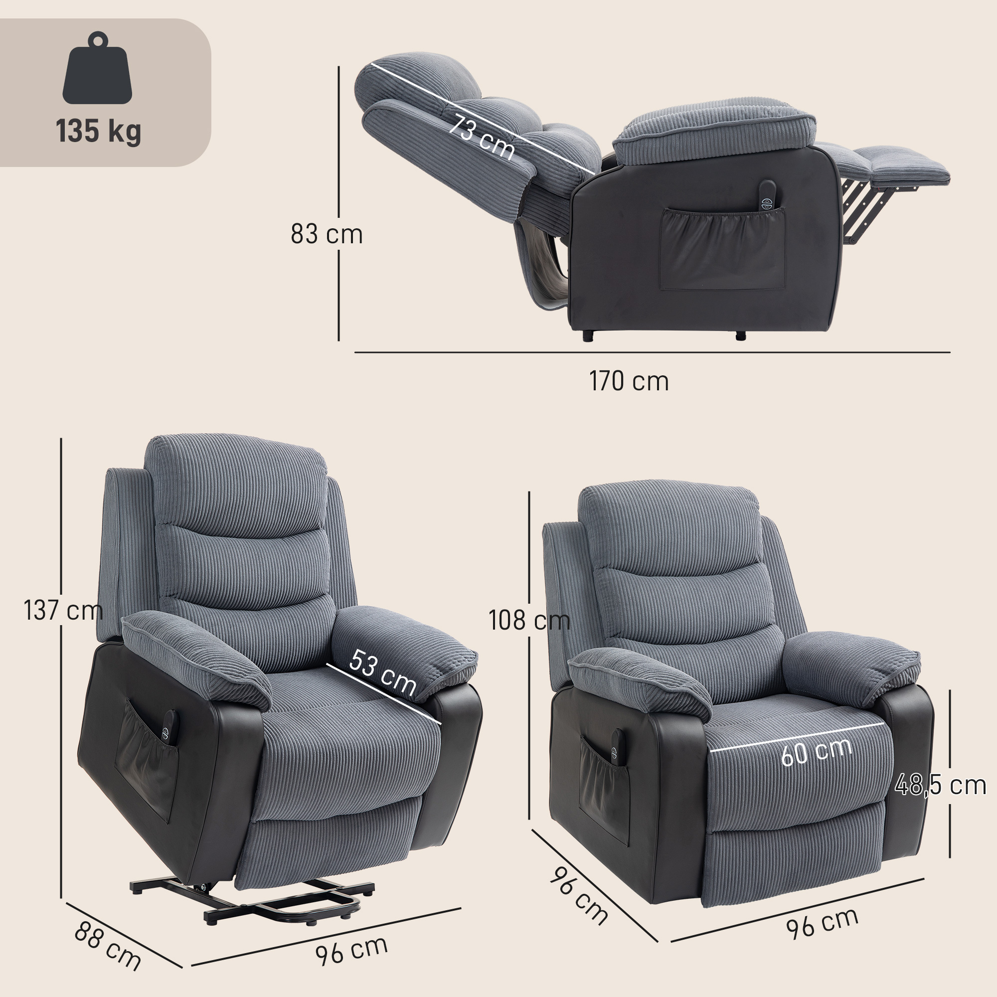 Aufstehsessel mit weichem Cordbezug, Recliner-Sessel mit Fernbedienung und Seitentaschen, Dunkelgrau