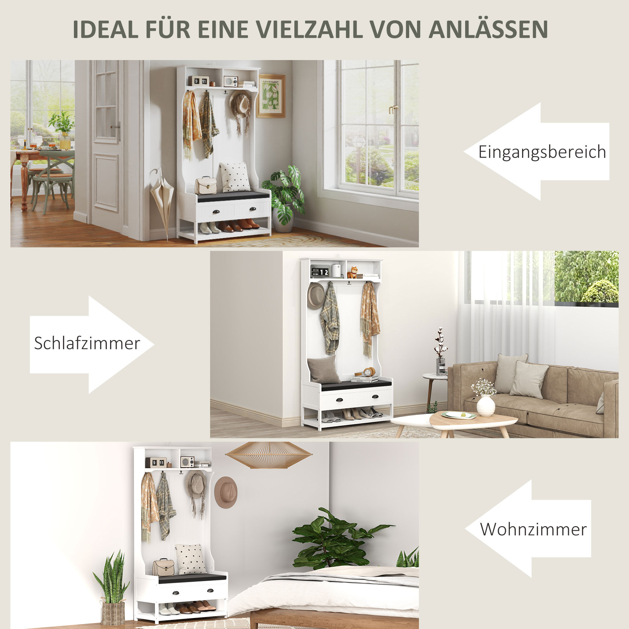 Garderobenständer mit Haken, Garderobe mit Schuhbank, für Eingangsbereich, Flur, Metall, MDF, Weiß+Grau