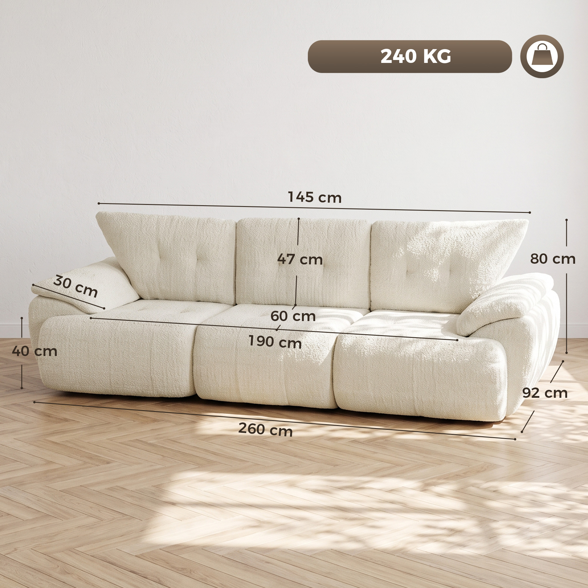 3-Sitzer-Sofa, 260 cm, Chenille, rahmenloses Modulsofa mit extra breiter, tiefer Sitzfläche, breiten Armlehnen