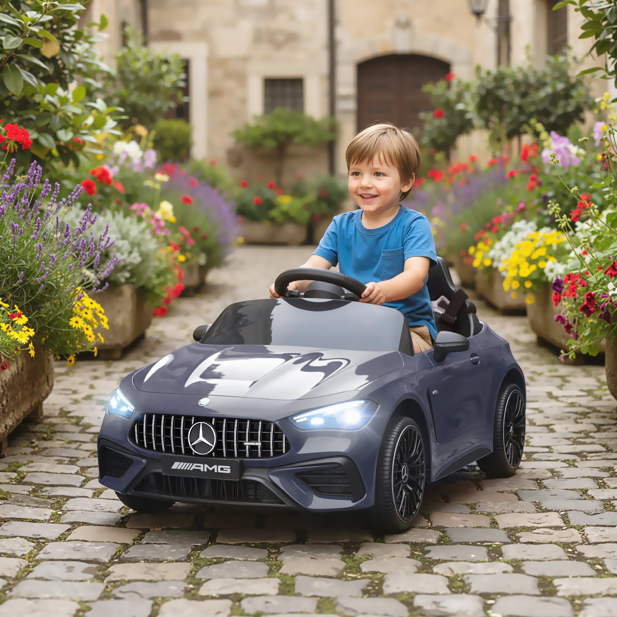 Kinder-Elektroauto, Mercedes-Design, 12V Motoren, Fernbedienung, LED-Lichter, Musik, für 3-6 Jahren Kinder, Grau