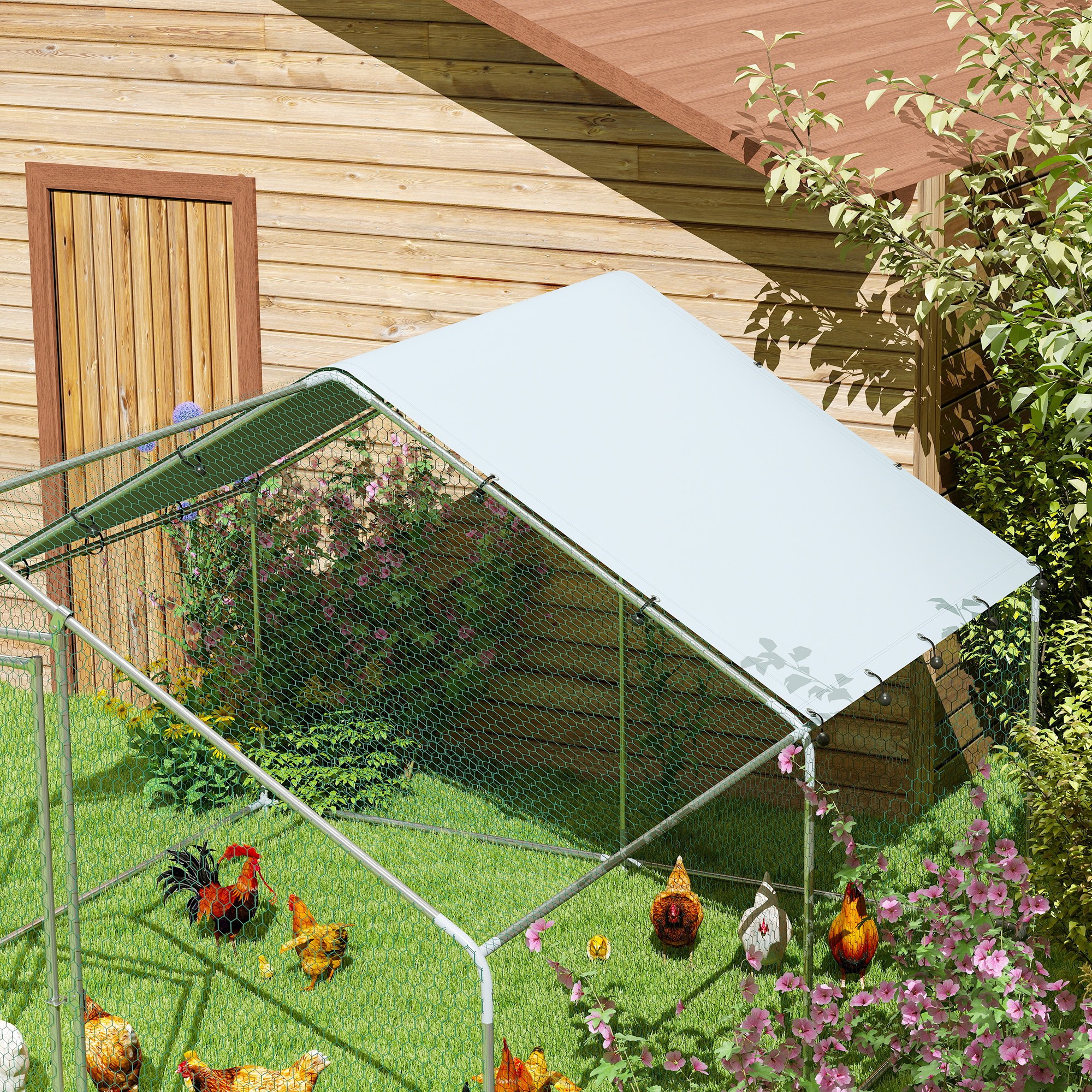 Hühnergehege, großes Hühnergehege aus Metall mit wasserdichter und UV-beständiger Abdeckung, Käfig für 10-15 Hühner, 3 x 3,4 x 1,9 m