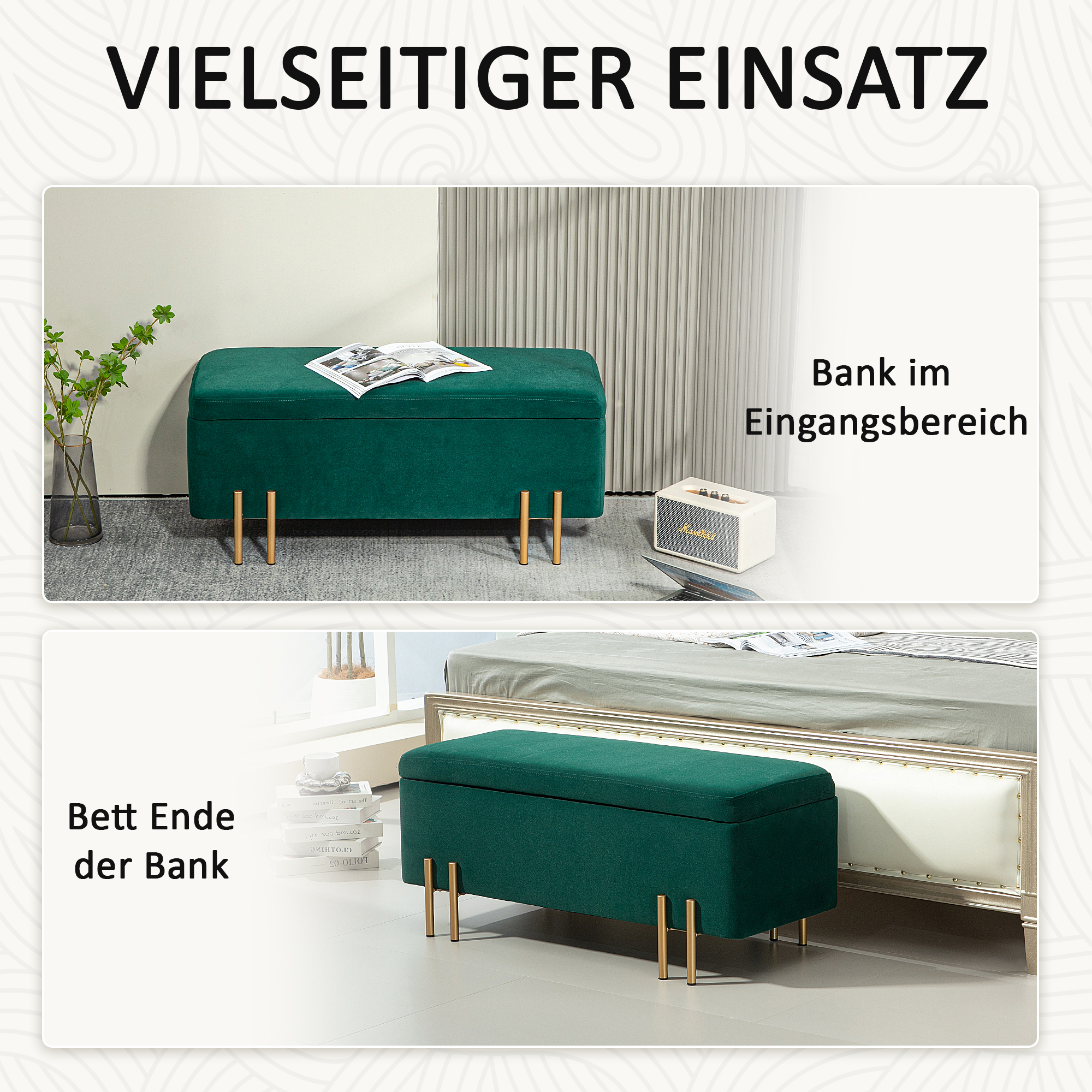 Sitzbank, Polsterbank mit Stauraum, Metall, Kautschukholz, Schaumstoff, 100 x 40 x 42 cm, Grün