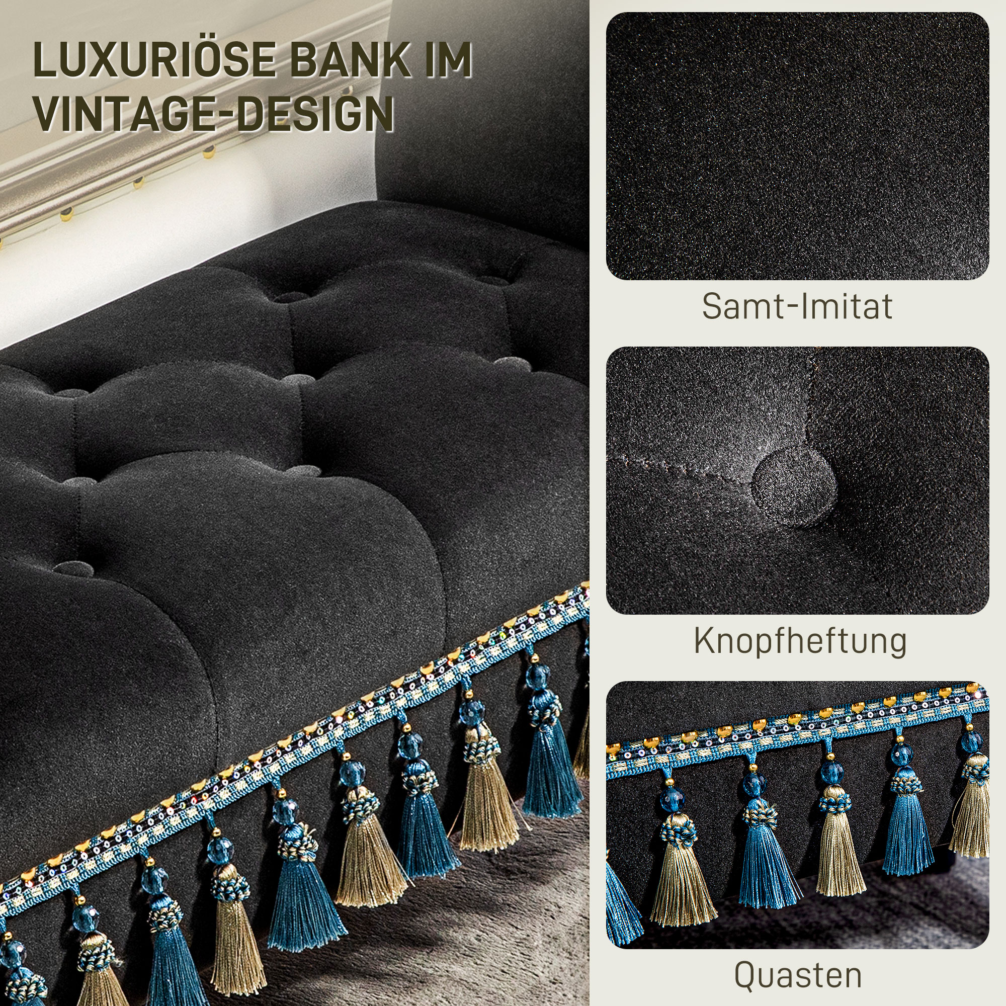 Polsterbank, Sitzbank, Vintage-Design, bis 150 kg, 117x40x58 cm, Dunkelgrau