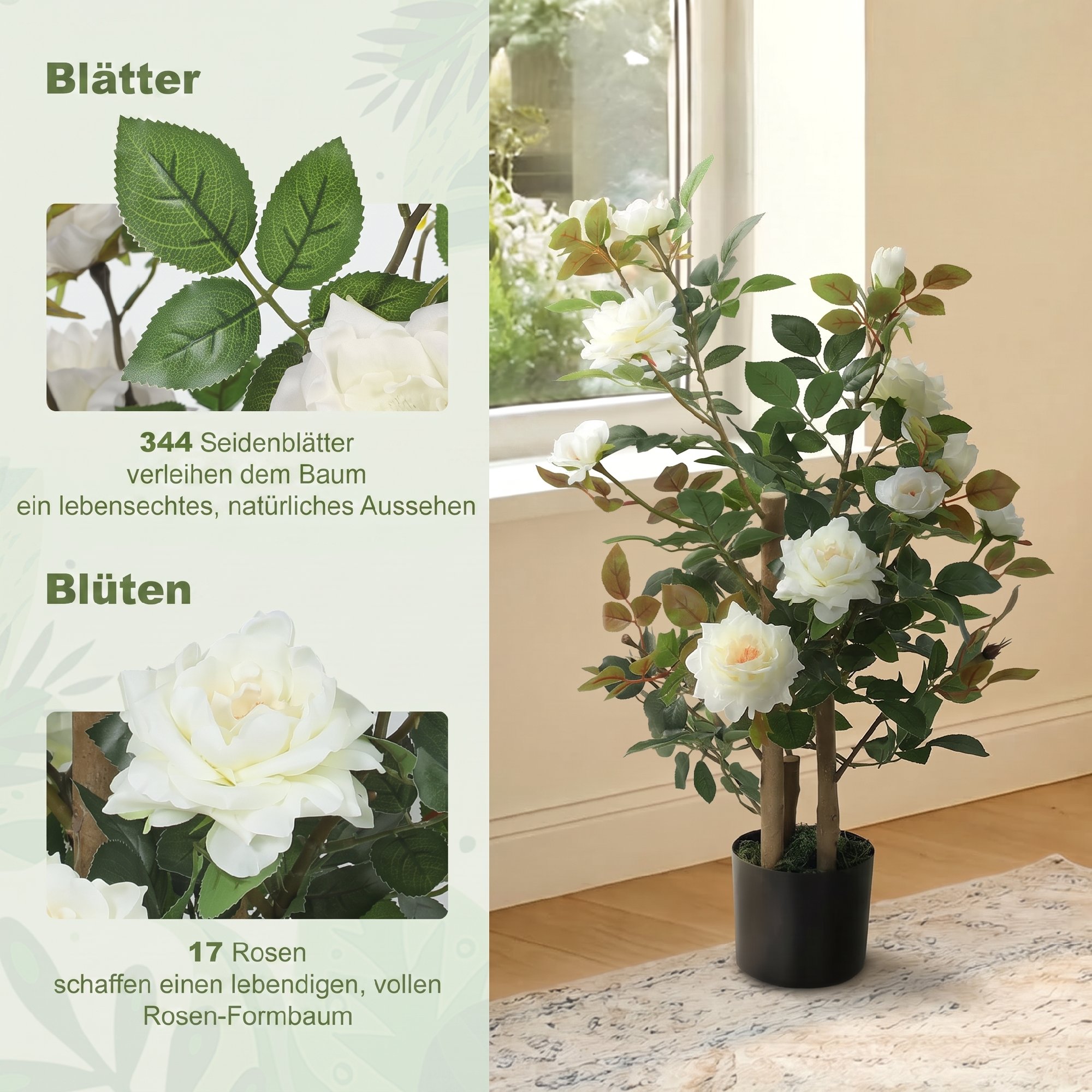 künstliche Rosenpflanzen groß 90 cm Künstliche Pflanze Kunstpflanze Rosenbaum mit UV-Schutz, Moos, im Topf, Kunstbaum wie echt für Innen- und Außen