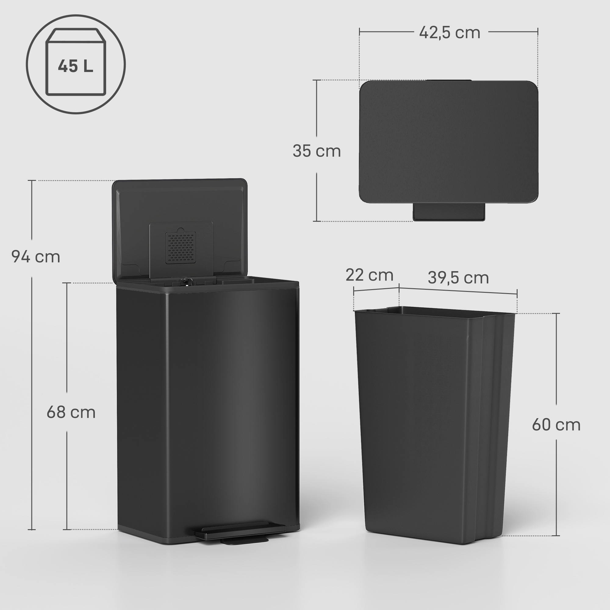 Mülleimer Küche 45 Liter Treteimer Küchenmülleimer mit Soft-Close-Deckel, Herausnehmbarem Innenbehälter
