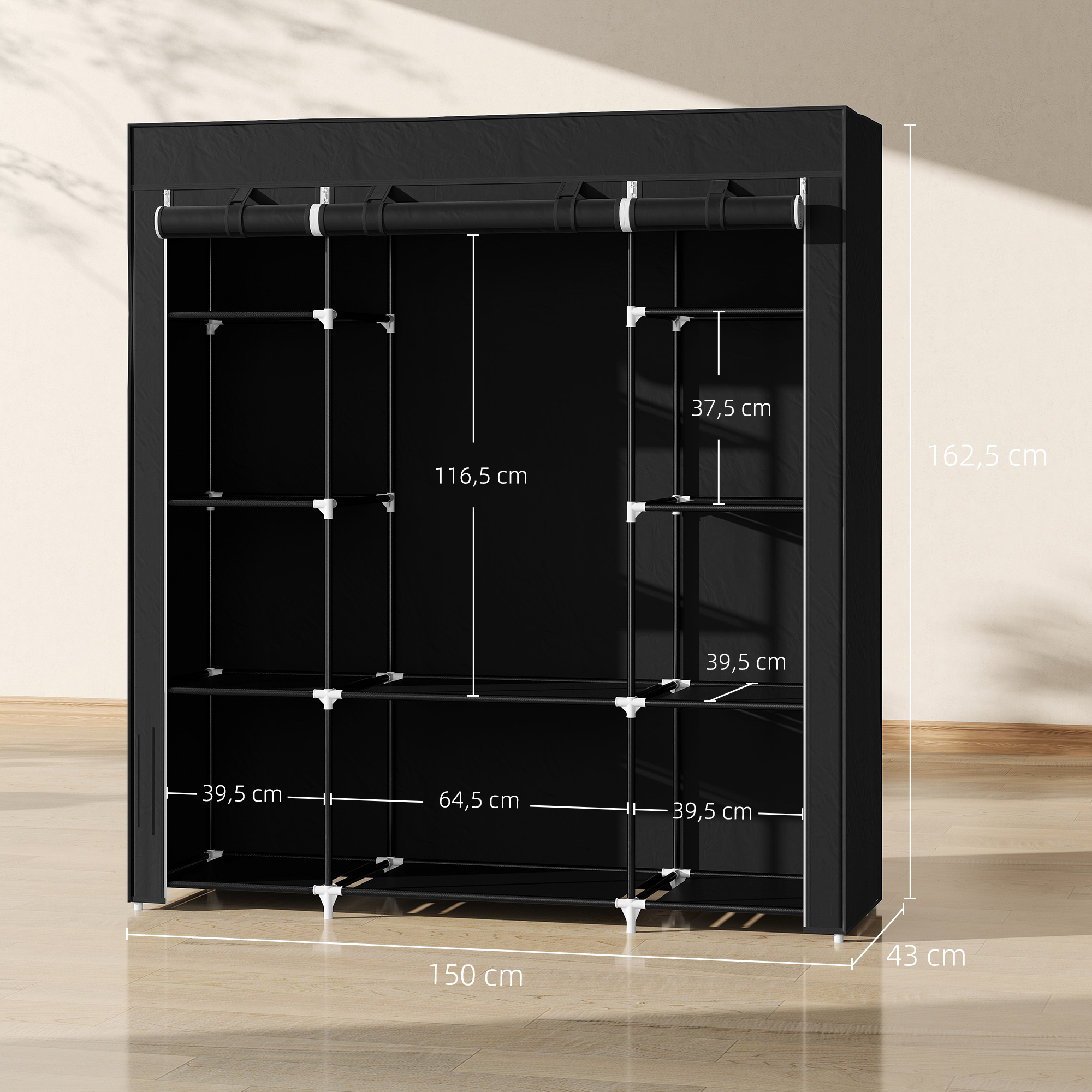 Stoffschrank aus Vlies, Faltschrank, 1 Kleiderstange, 9 Regale, 150 cm x 43 cm x 162,5 cm, Schwarz