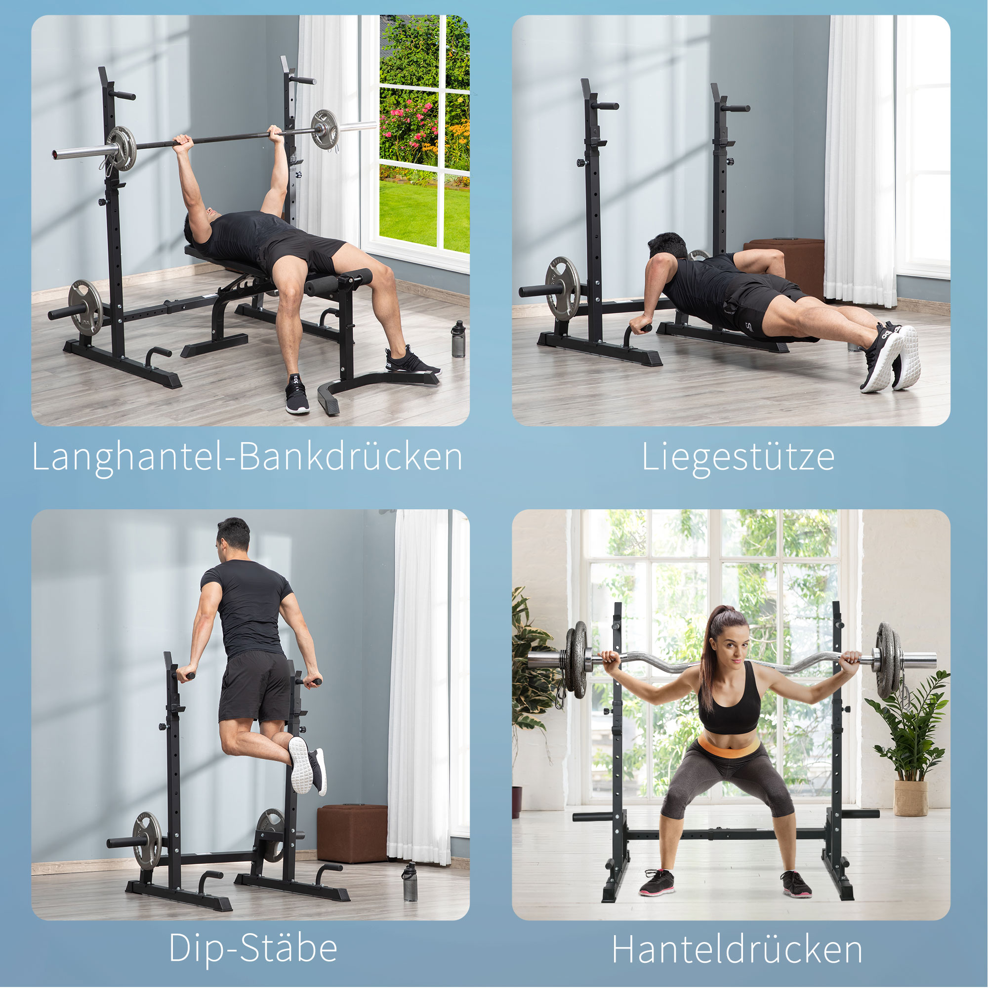 Hantelständer Multi-Funktions Langhantelablage Hantelablage höhenverstellbar Langhantel Krafttraining bis 150 kg belastbar Barbell Rack Stahl Schwarz