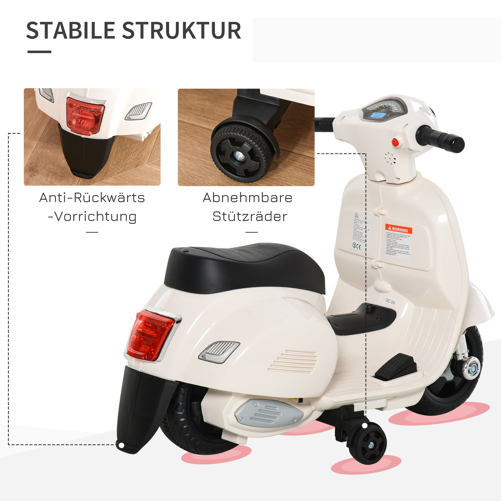 Kindermotorrad Vespa mit LED-Licht, Sound, für Kinder von 18-36 Monate, weiß
