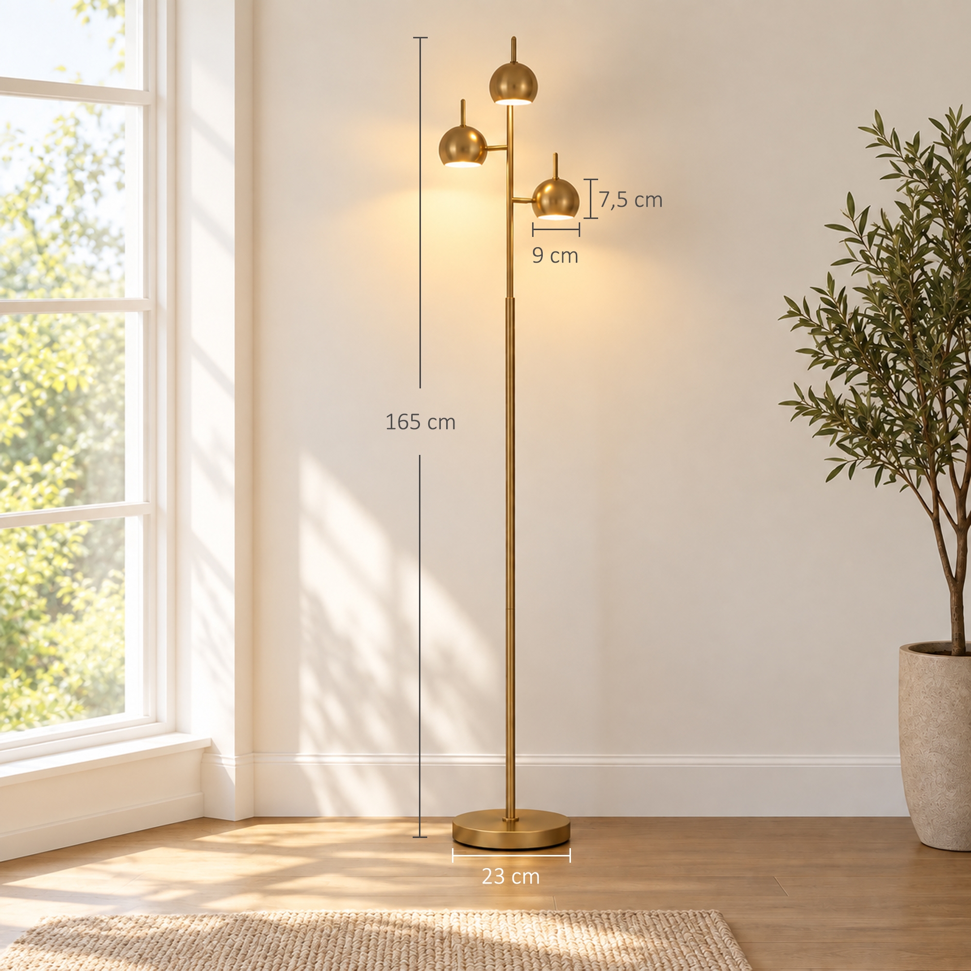 Stehlampe 350° verstellbar für Wohnzimmer und Büro Stehleuchte mit 3 Schirmen aus Stahl Gold