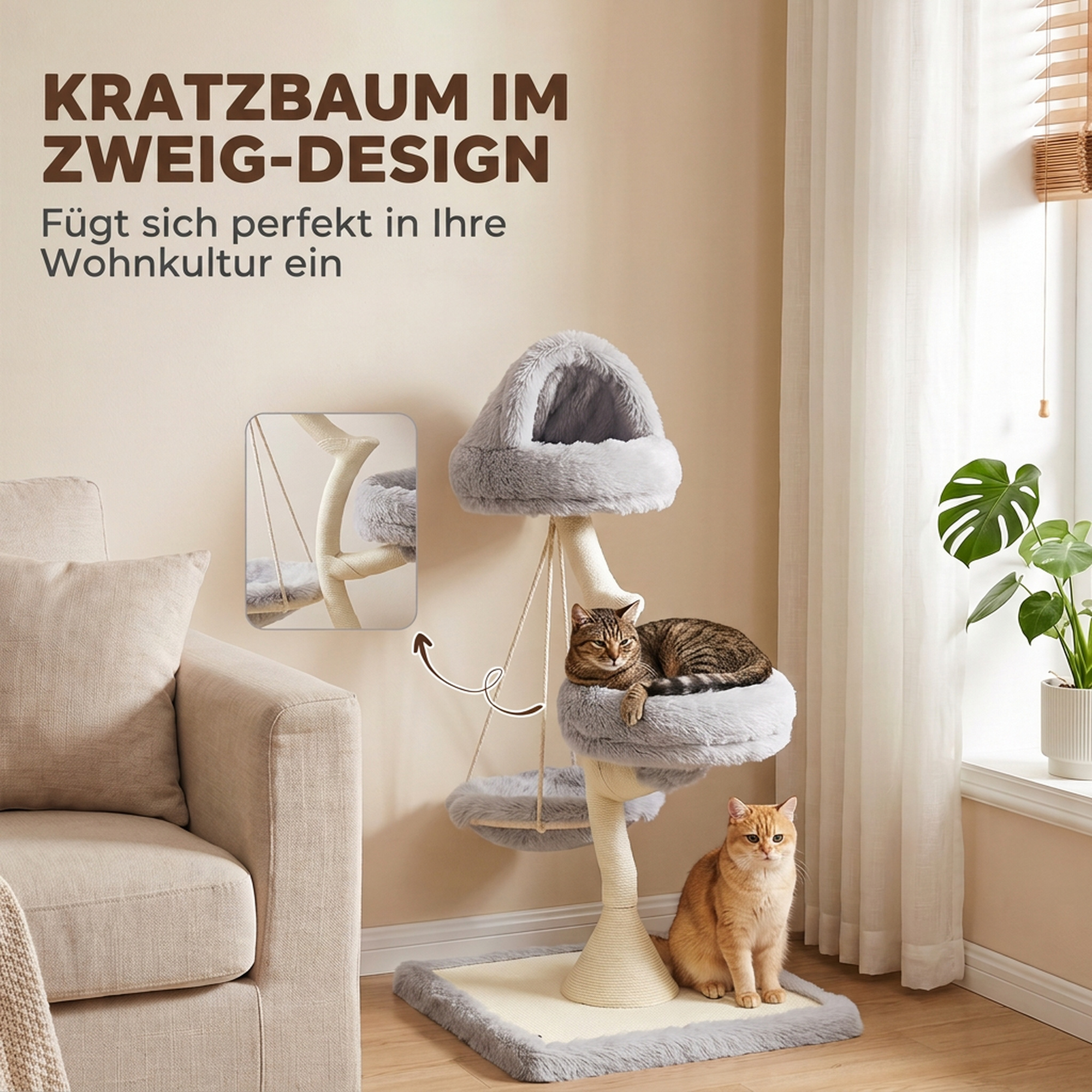 Kratzbaum 115 cm hoch Katzenbaum mit Baumform 2 waschbaren Betten Hängematte Sisal-Kratzstamm, für Katzen unter 6 kg
