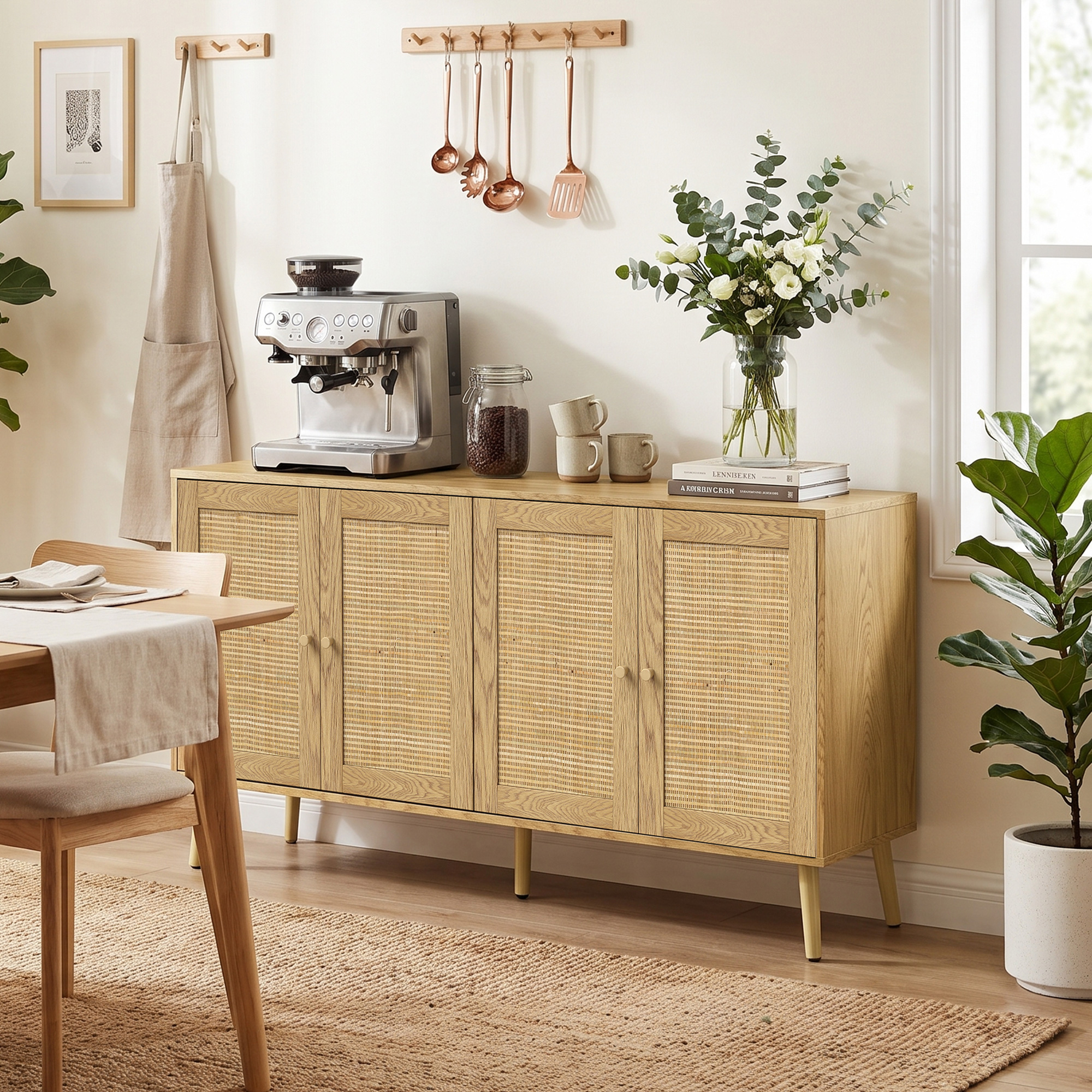 Rattan Sideboard mit 4 Türen, Boho Küchenbuffet mit 2 verstellbaren Einlegeböden, Holzoptik natur