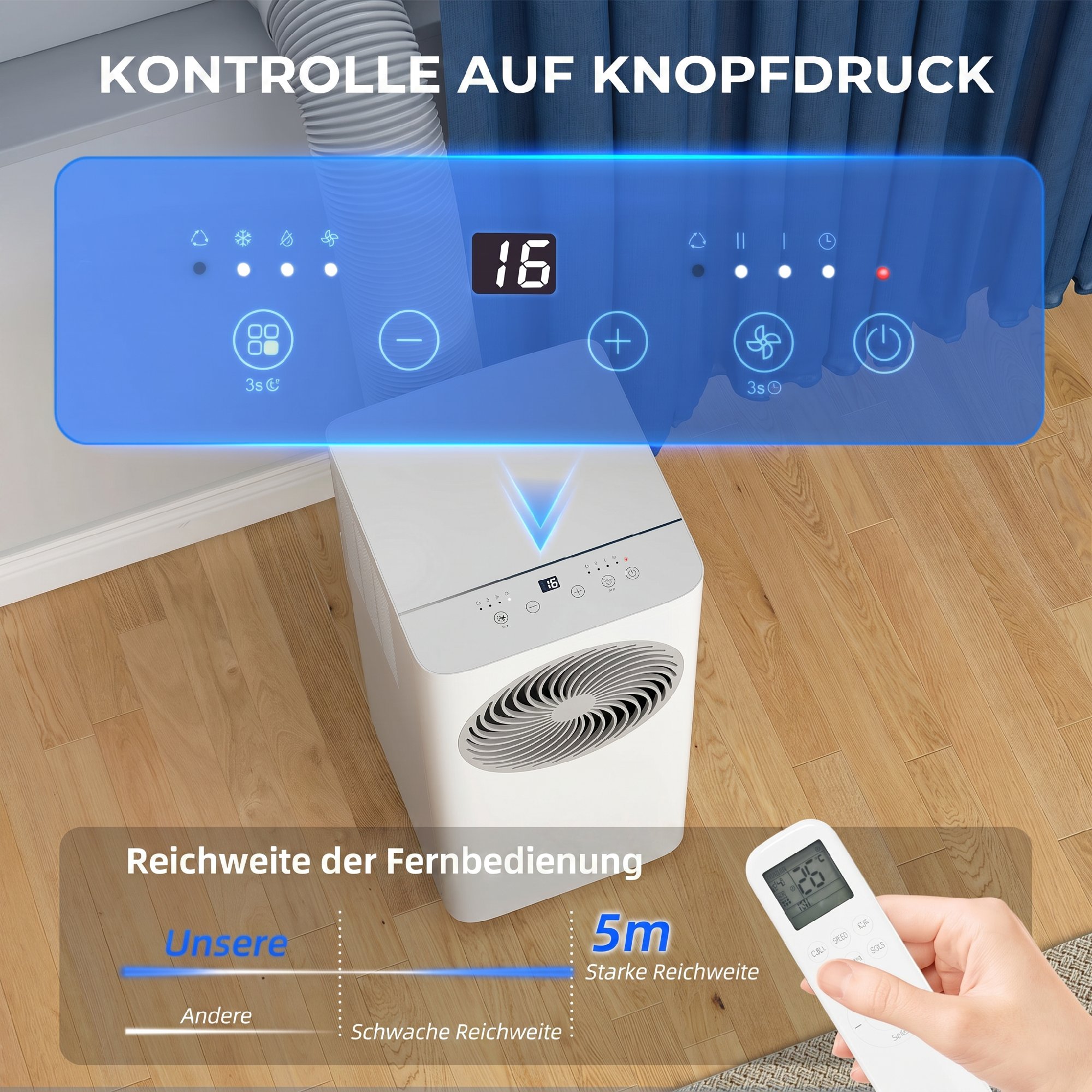 Mobiles Klimagerät 9000 BTU, 4-in-1 Mobile Klimaanlage mit Kühlung, 40 L/Tag Entfeuchter, Ventilator, Schlafmodus