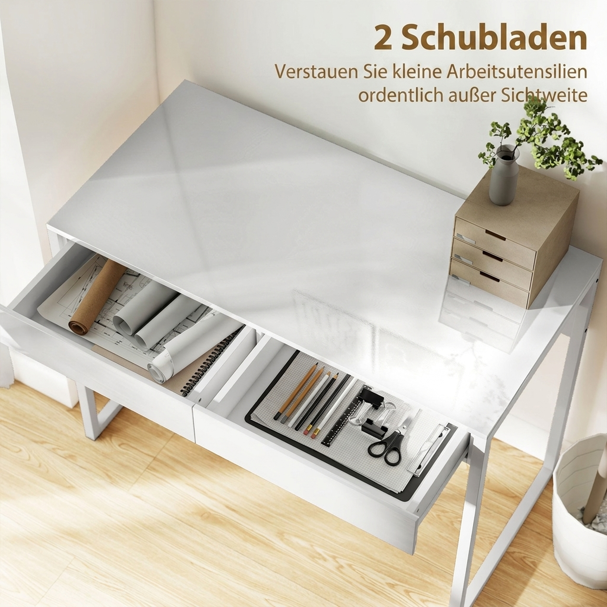 Schreibtisch 100 x 50 cm Computertisch Bürotisch mit 2 Schubladen, für kleine Räume, Weiß